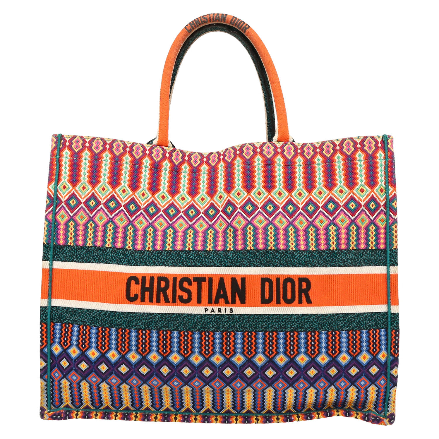 Sac cabas Dior  Book Tote en toile multicolore orange verte et bleue - Detail D2