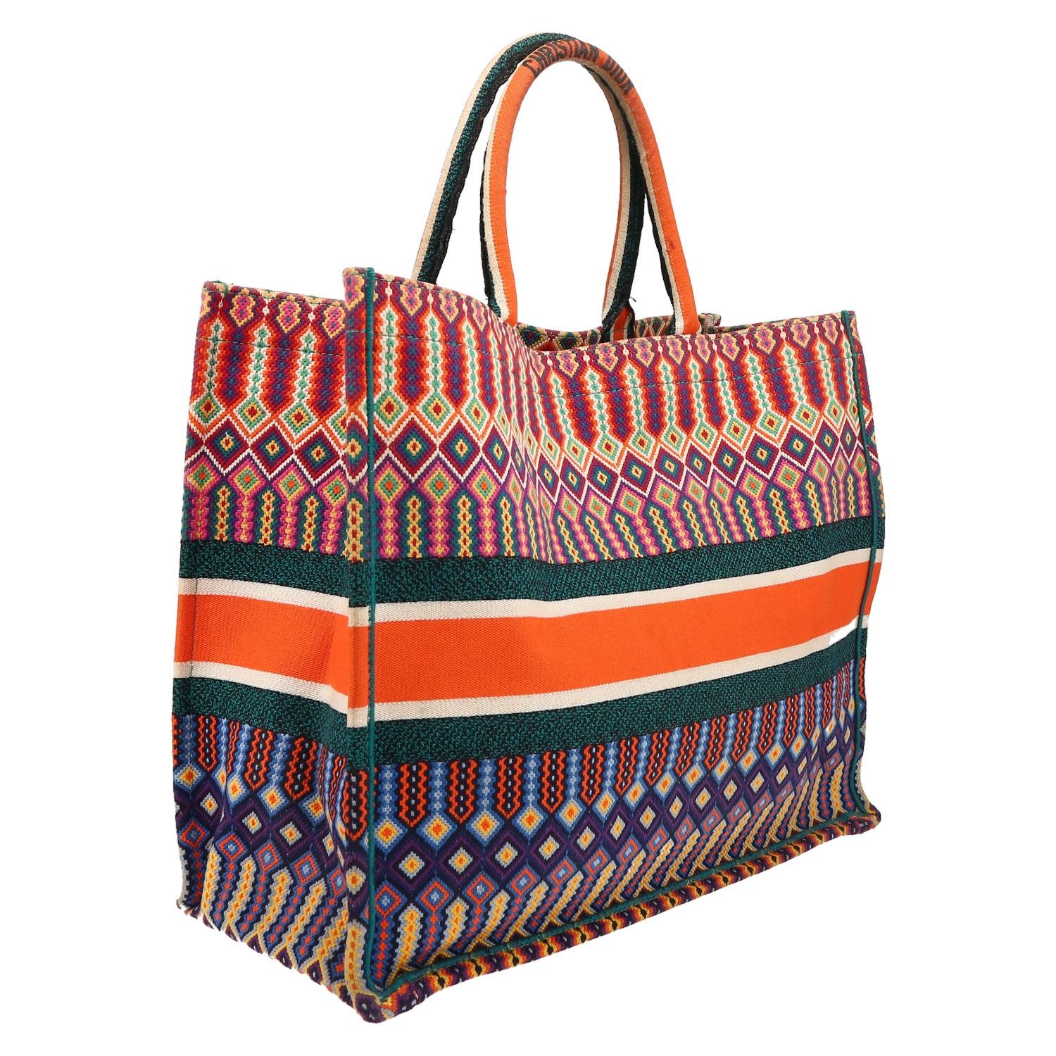 Sac cabas Dior  Book Tote en toile multicolore orange verte et bleue - Detail D6