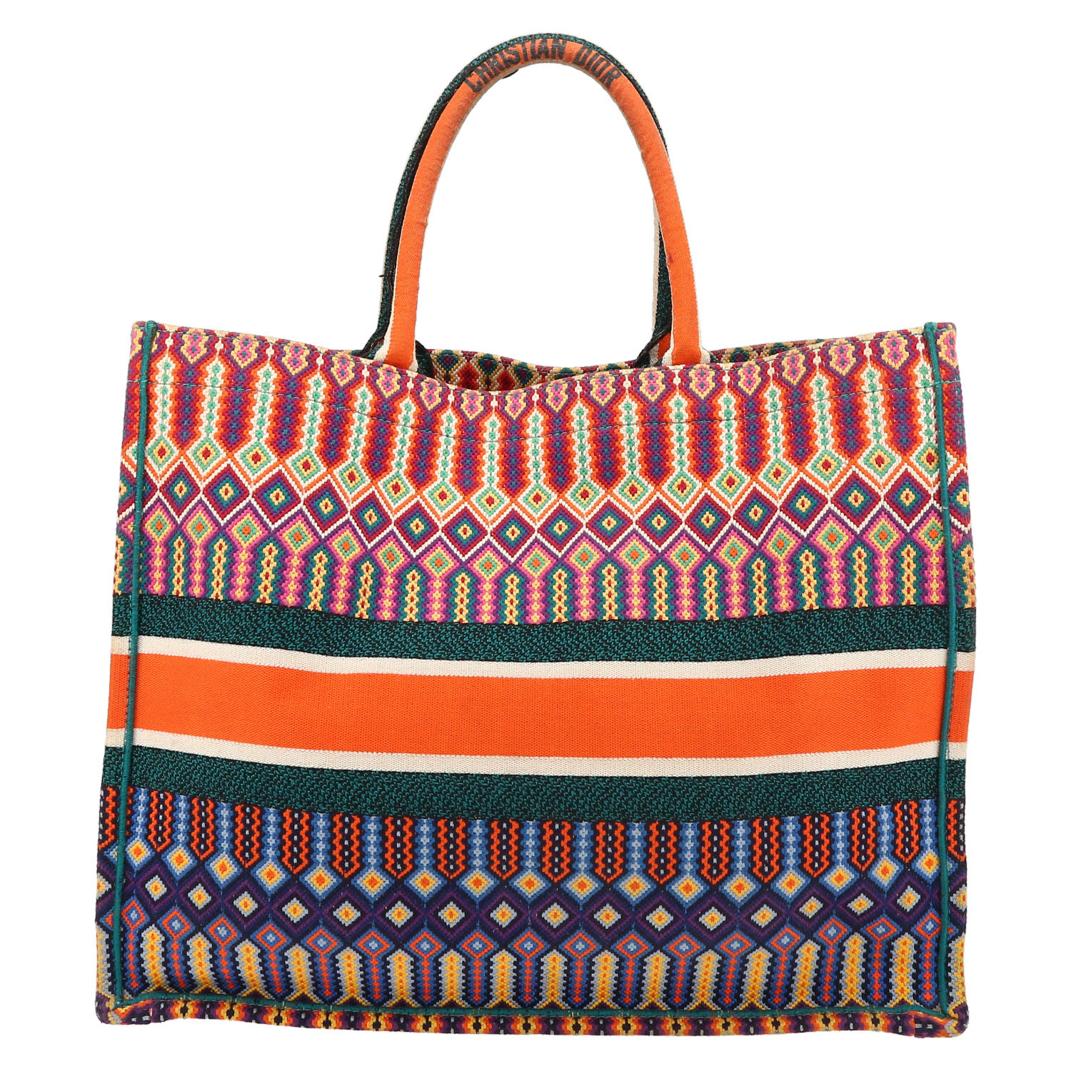 Sac cabas Dior  Book Tote en toile multicolore orange verte et bleue - Detail D7