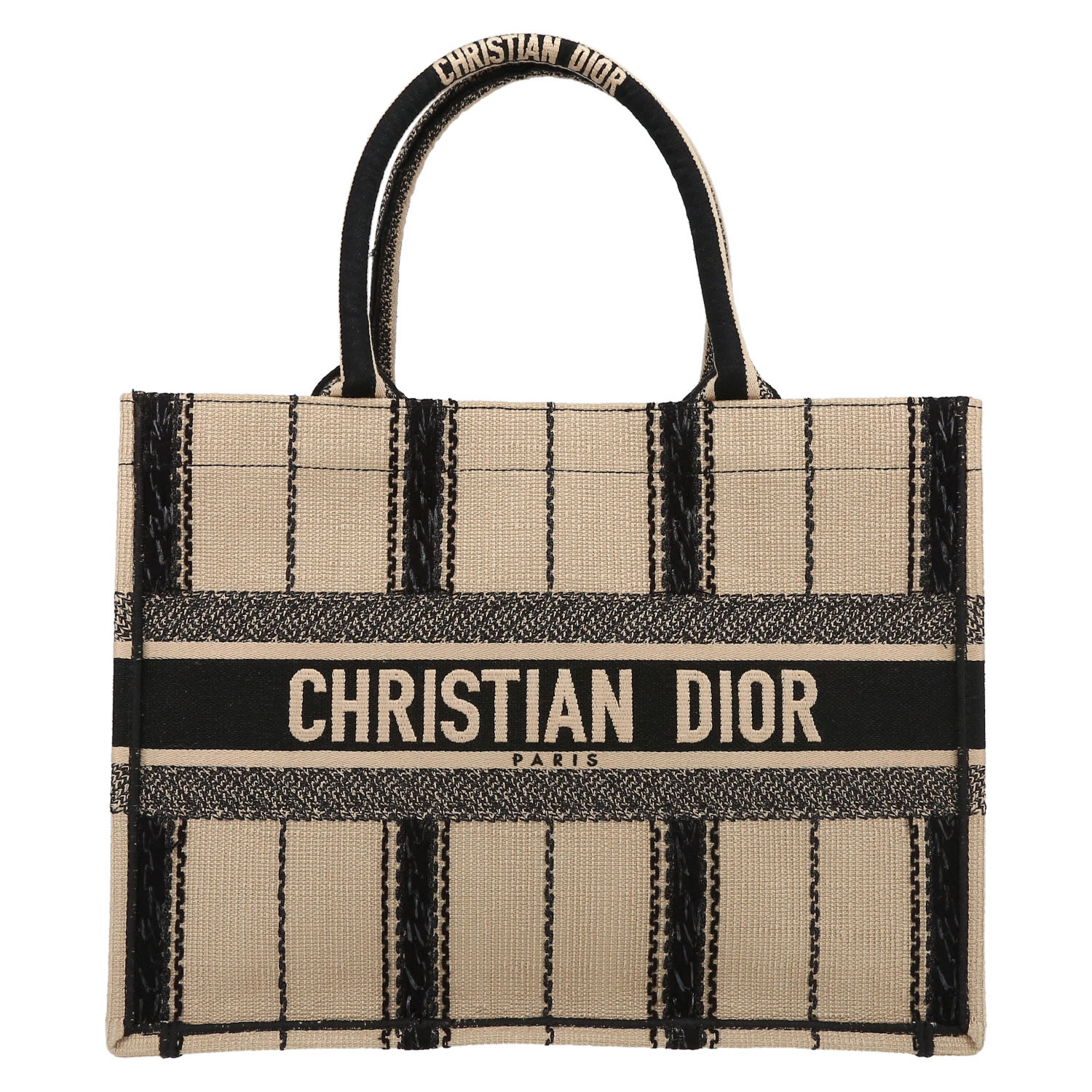Dior Book Tote shopping bag in black and beige canvas - Detail D2