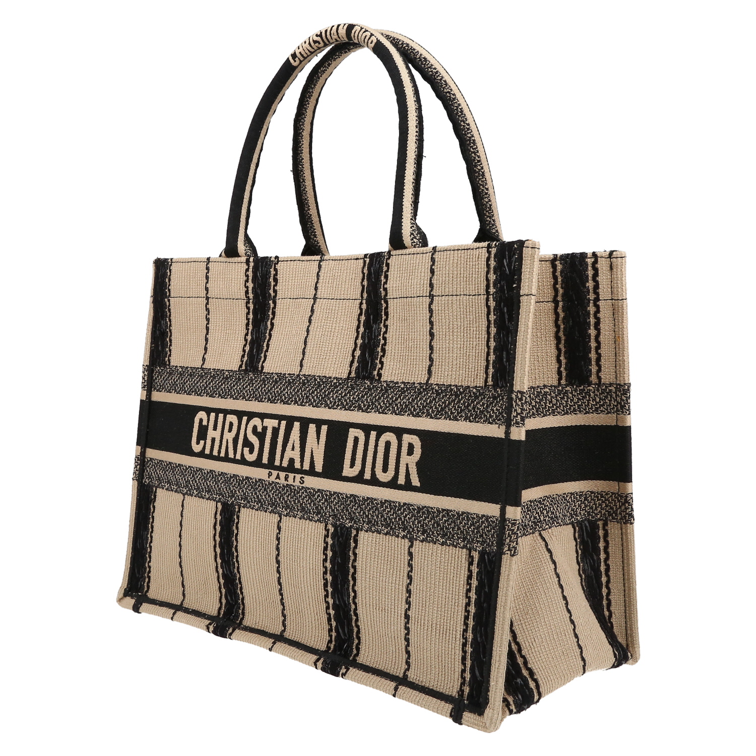 Dior Book Tote shopping bag in black and beige canvas - Detail D3