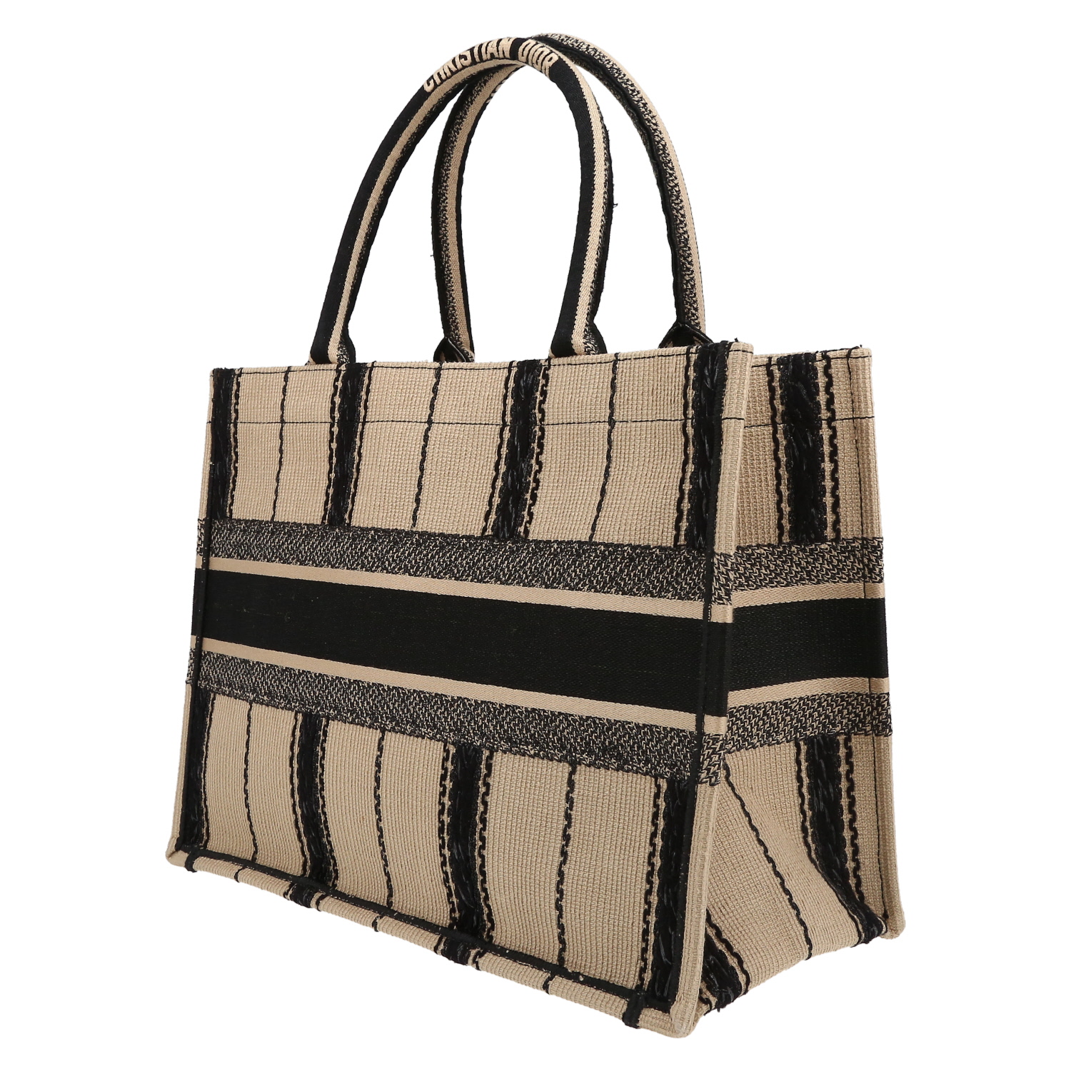 Dior Book Tote shopping bag in black and beige canvas - Detail D5