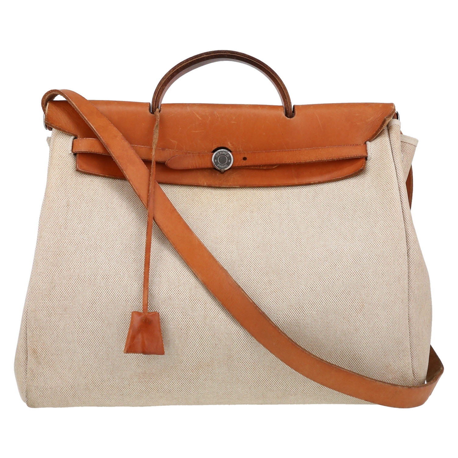 Borsa da spalla o a mano Hermès  Herbag in tela beige e mucca Hunter naturale - Detail D2