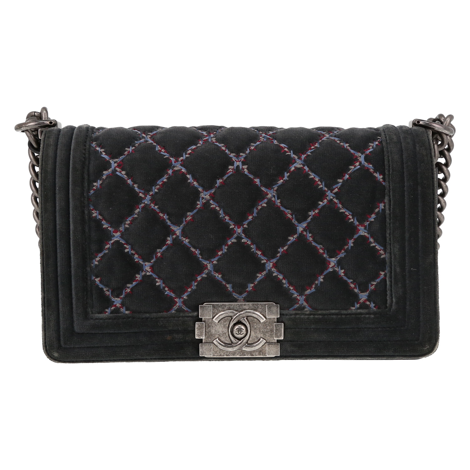 Chanel Boy shoulder bag in grey quilted velvet - Detail D2