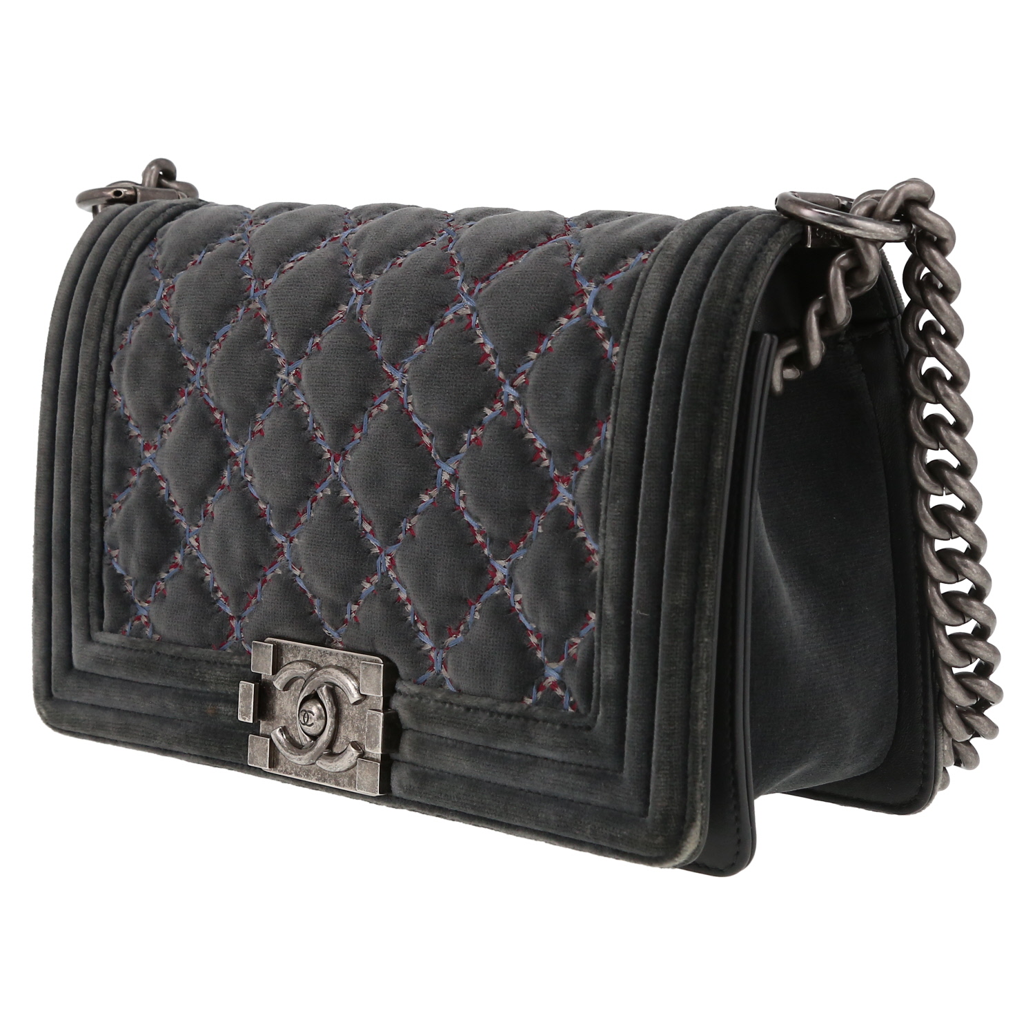Chanel Boy shoulder bag in grey quilted velvet - Detail D3