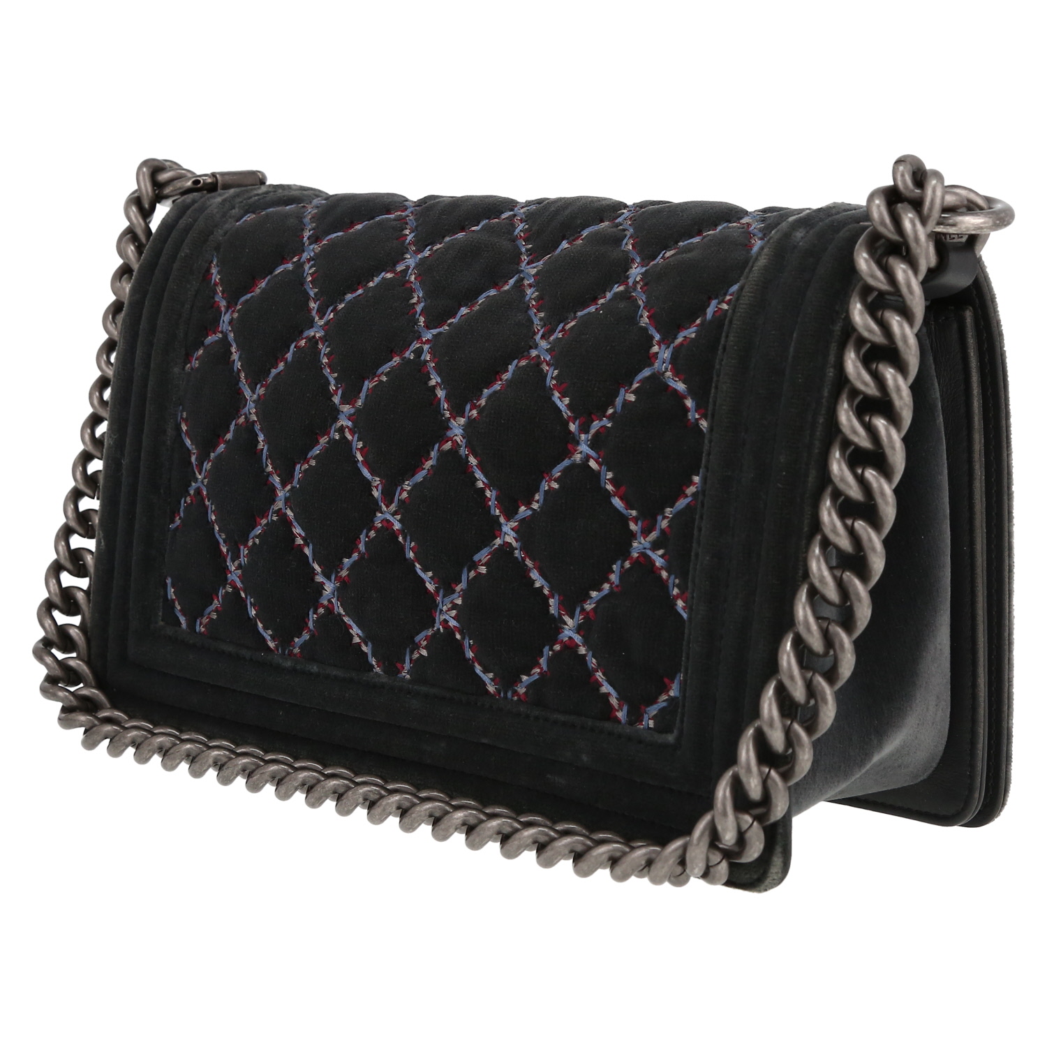 Chanel Boy shoulder bag in grey quilted velvet - Detail D5