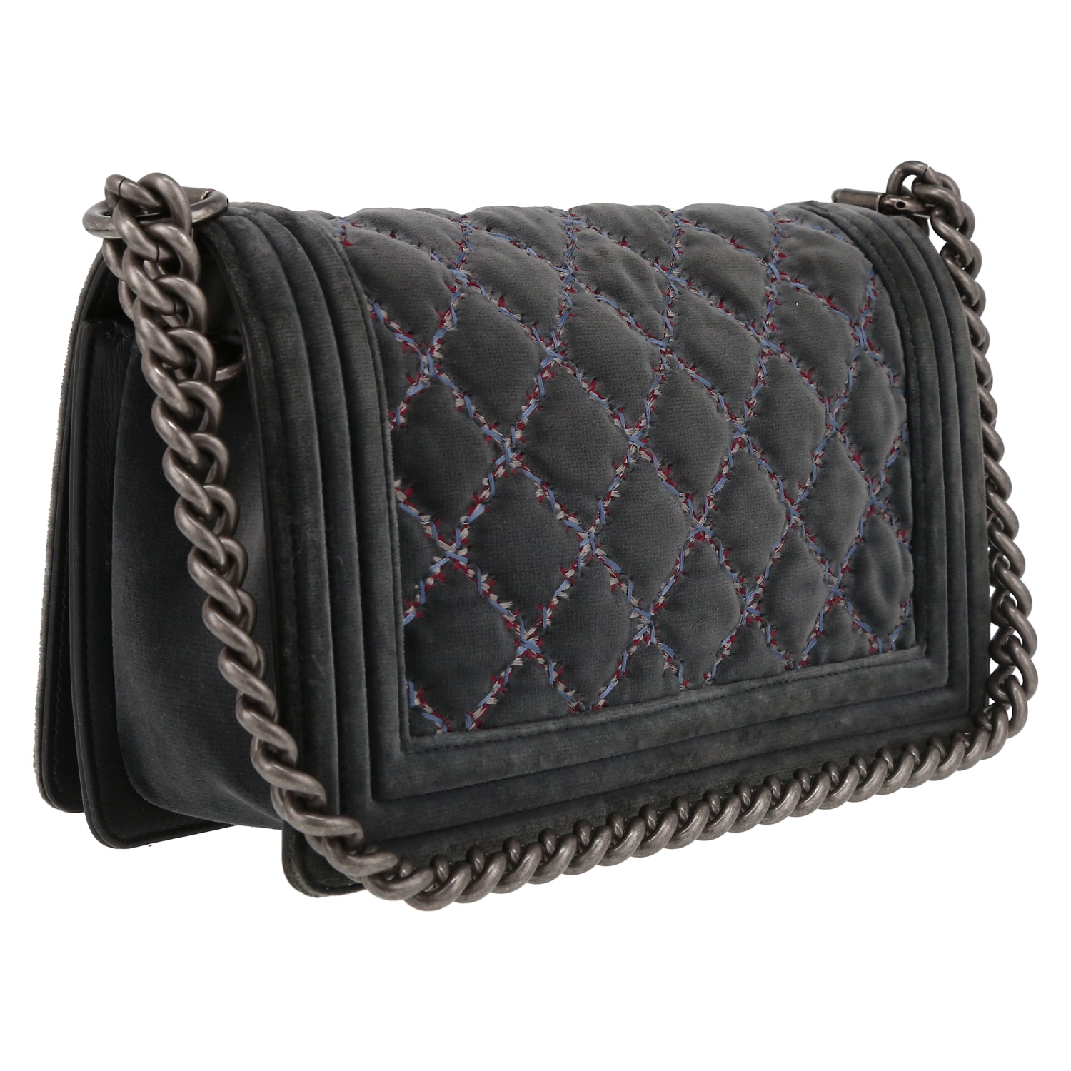 Chanel Boy shoulder bag in grey quilted velvet - Detail D6