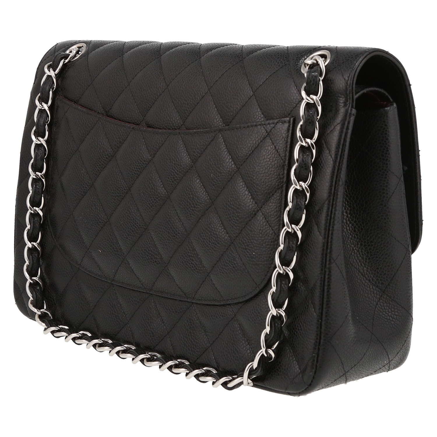 Chanel  Timeless Jumbo shoulder bag  in black quilted grained leather - Detail D5