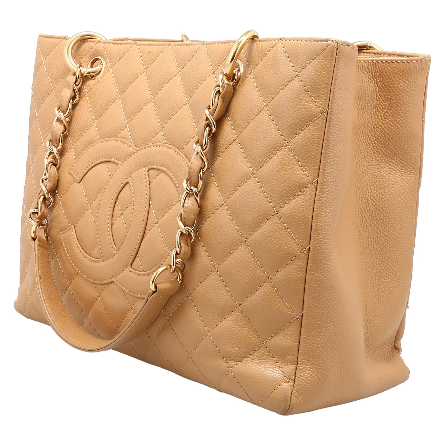 Borsa da spalla o a mano Chanel  Shopping GST in pelle martellata e trapuntata beige - Detail D3