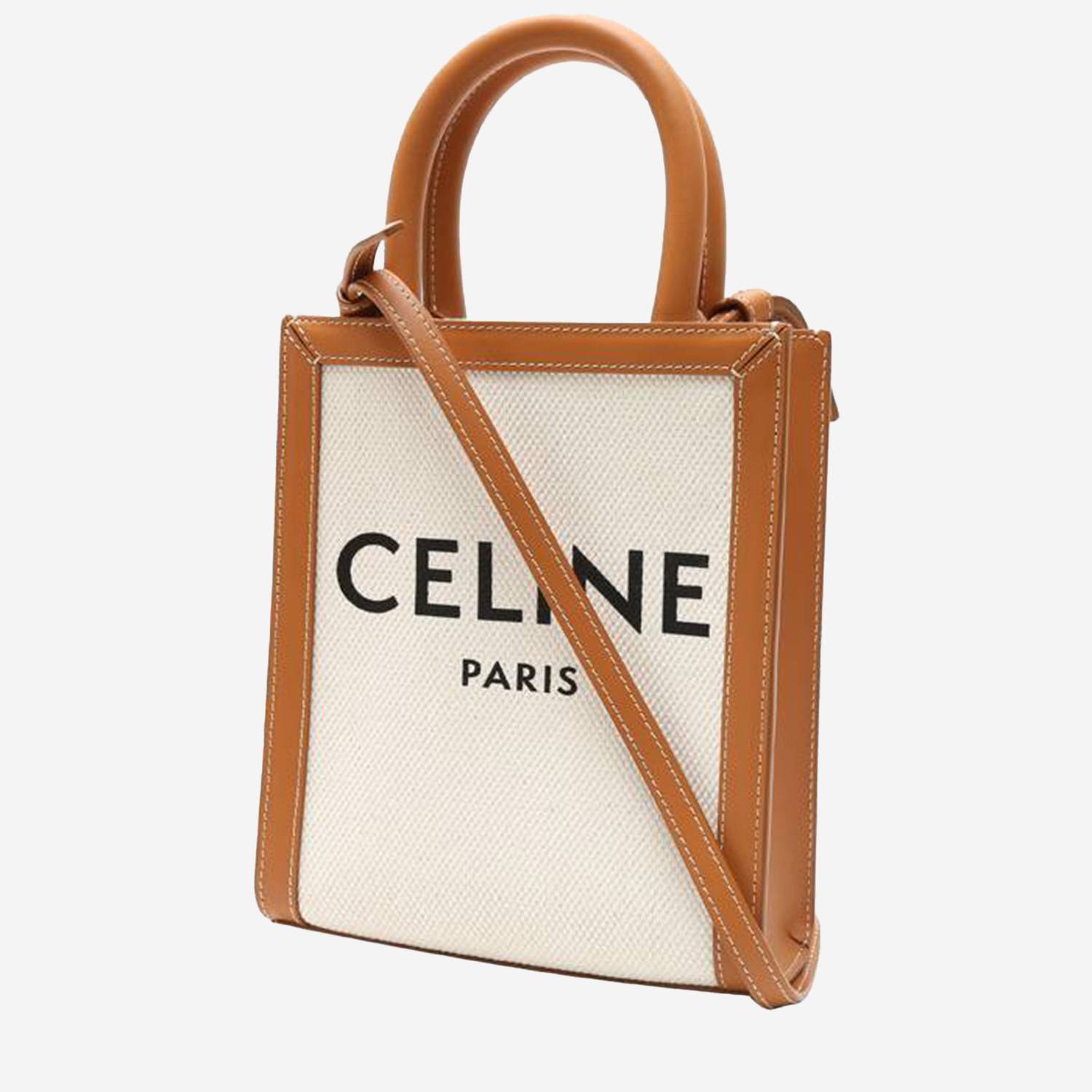 Bolso Cabás Celine  Vertical mini  en lona beige y cuero marrón