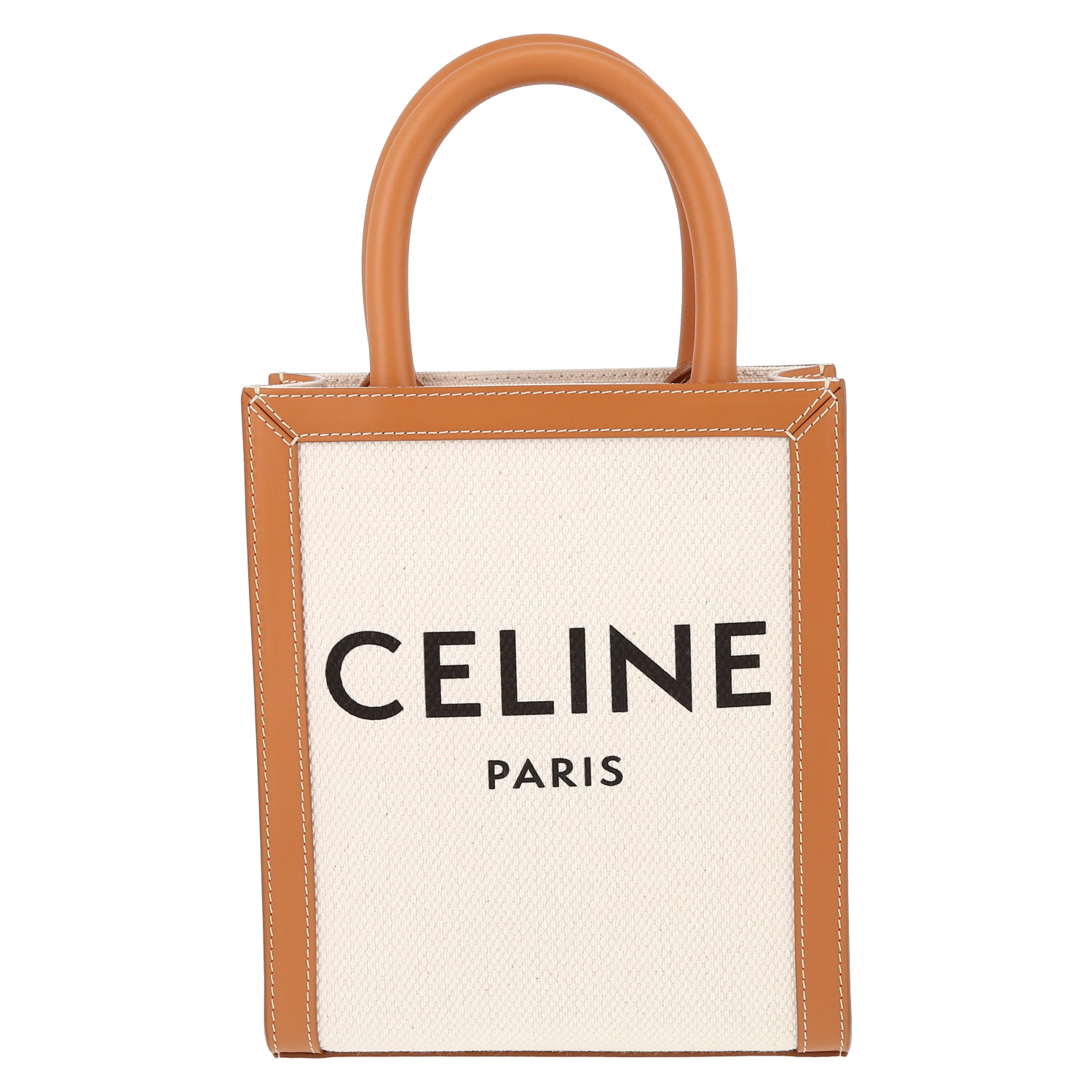 Sac cabas Celine  Vertical mini  en toile beige et cuir marron - Detail D2