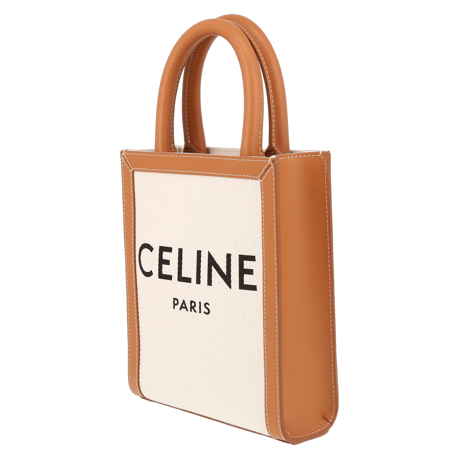 Celine  Vertical mini  shopping bag  in beige canvas  and brown leather - Detail D3