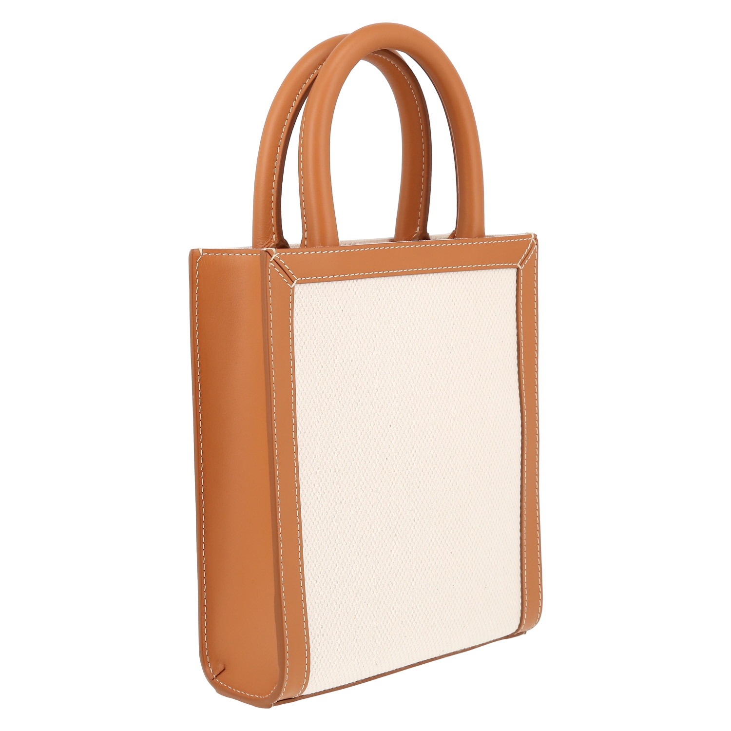 Celine  Vertical mini  shopping bag  in beige canvas  and brown leather - Detail D6