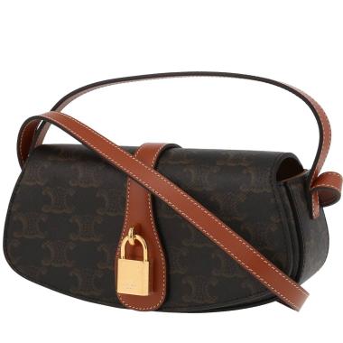 Bolso para llevar al hombro Celine  Tabou modelo mediano  en tejido "Triomphe" y cuero marrón