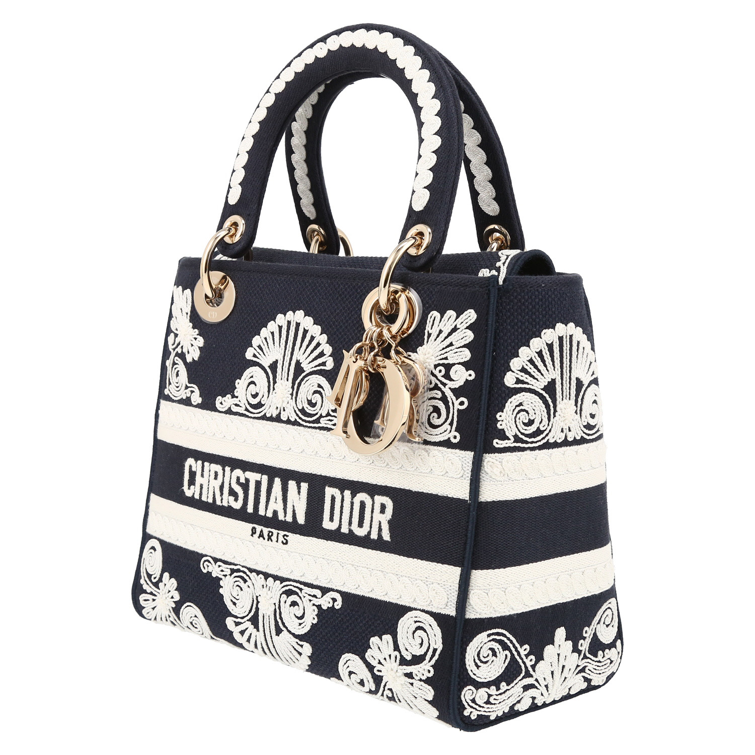 Bolso de mano Dior  Lady Dior Edition Limitée modelo mediano  en lona bicolor azul y blanca - Detail D3