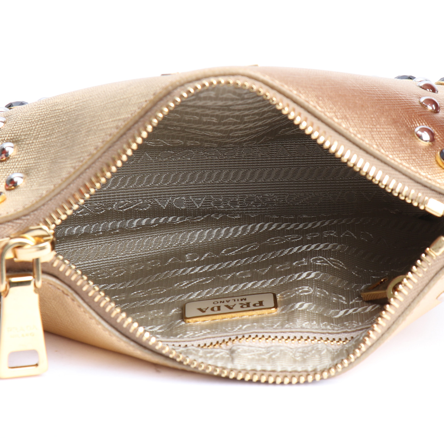 Bolso de mano Prada   en cuero saffiano dorado y blanco - Detail D2