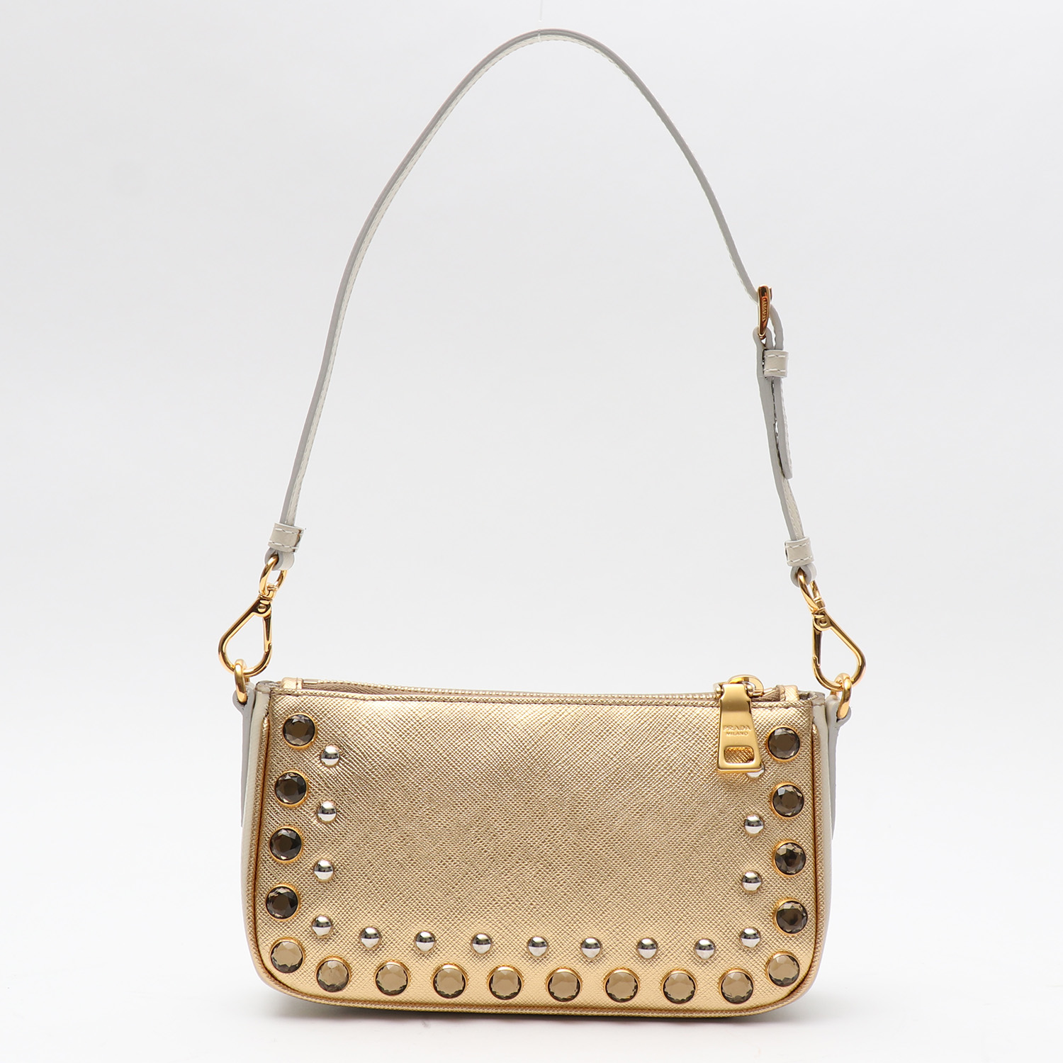 Sac à main Prada   en cuir saffiano doré et blanc - Detail D7