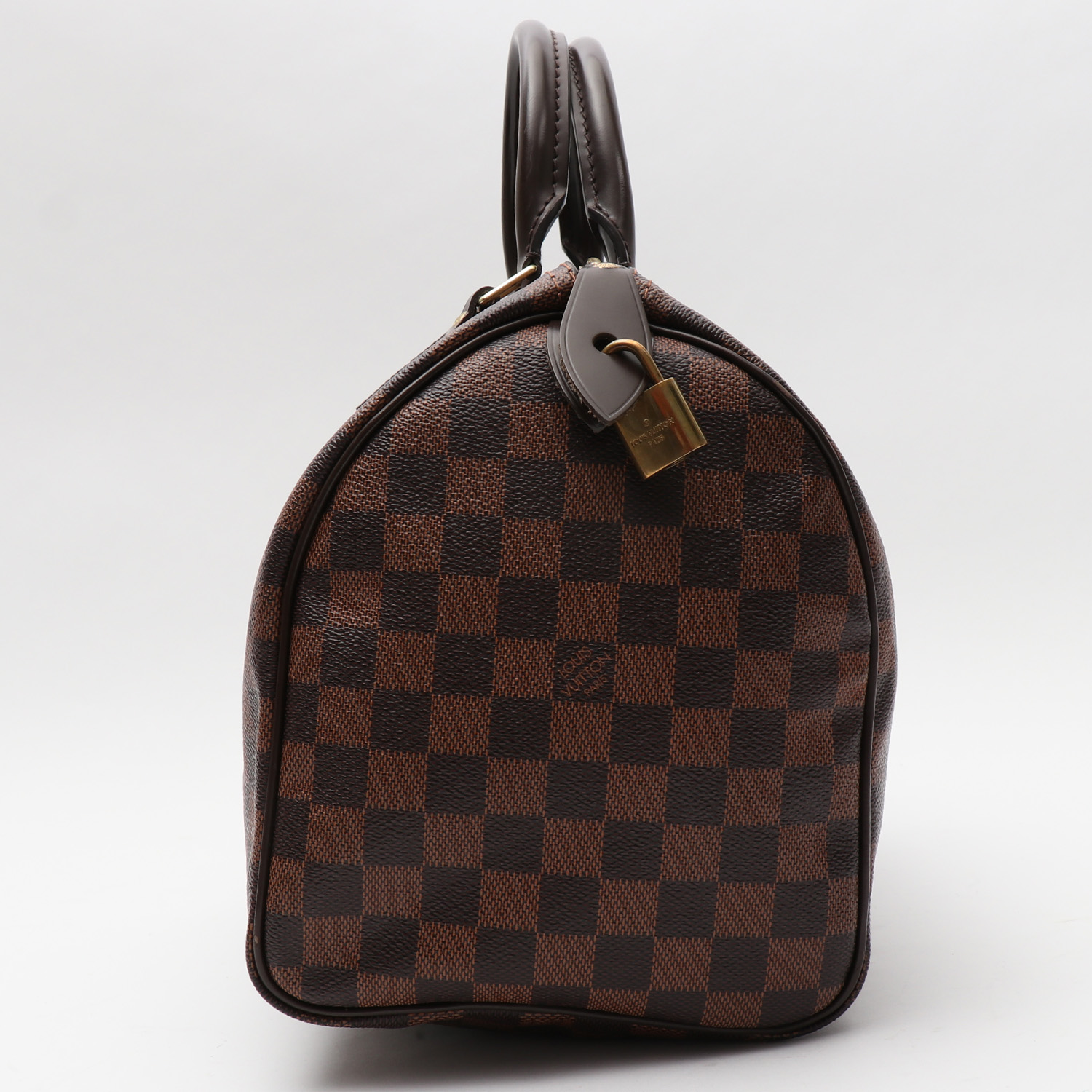 Sac à main Louis Vuitton  Speedy 30 en toile damier ébène et cuir naturel - Detail D5