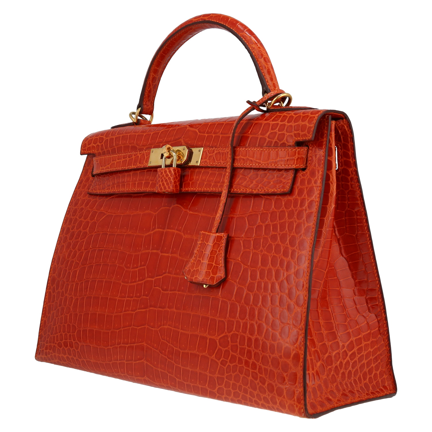 Bolso de mano Hermès Kelly 32 cm en cocodrilo porosus naranja - Detail D3