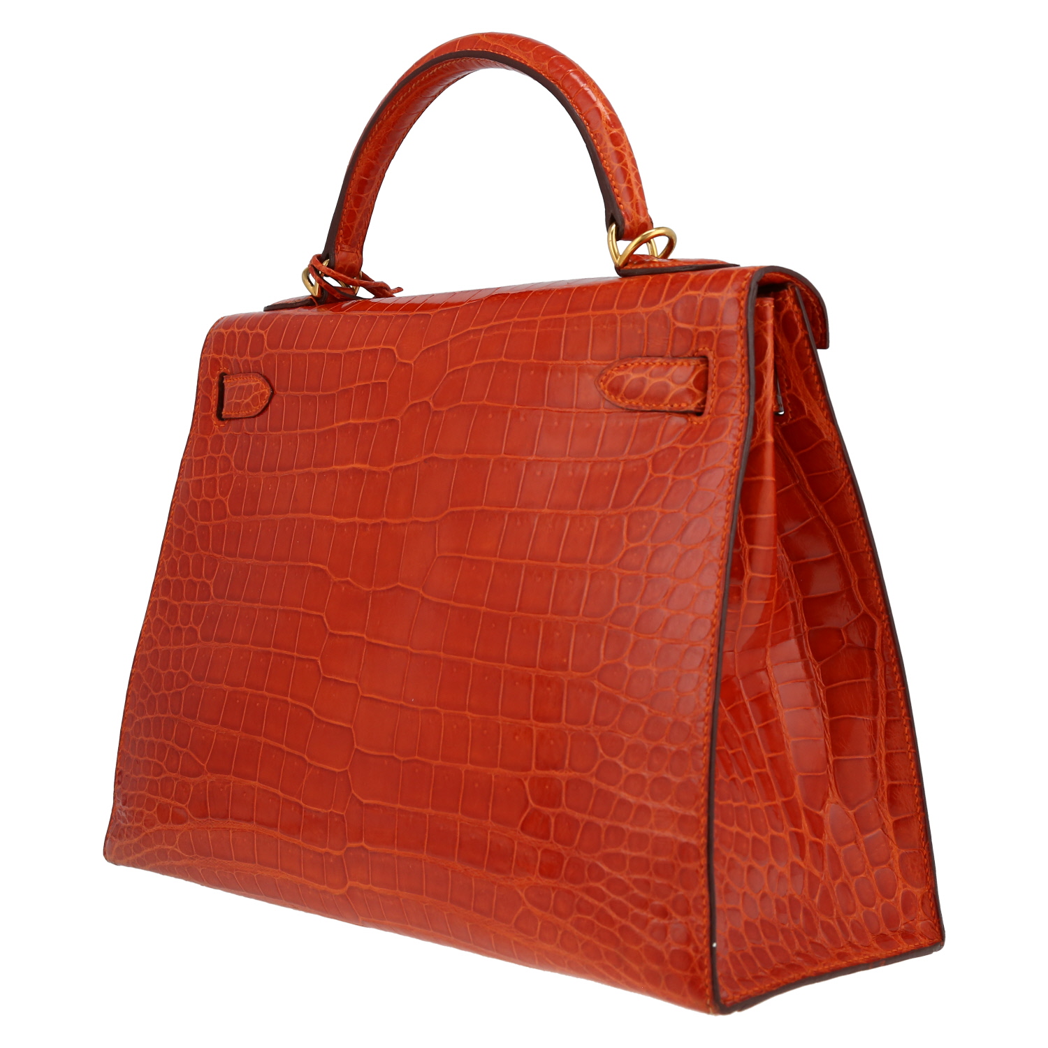 Bolso de mano Hermès Kelly 32 cm en cocodrilo porosus naranja - Detail D5