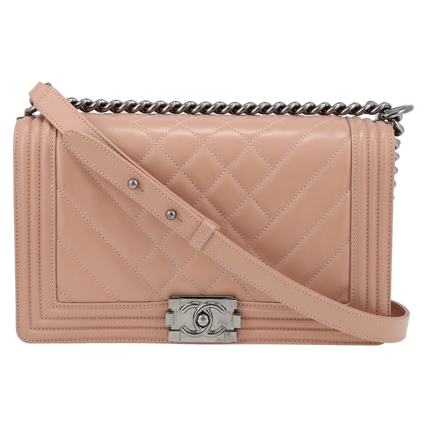 Sac bandoulière Chanel Boy grand modèle en cuir matelassé rose - Detail D2