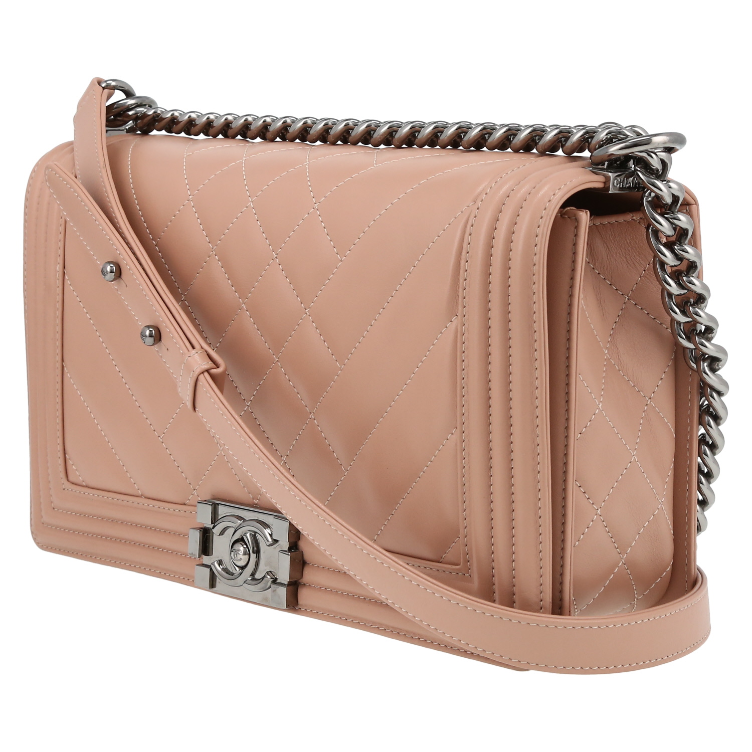 Sac bandoulière Chanel Boy grand modèle en cuir matelassé rose - Detail D3