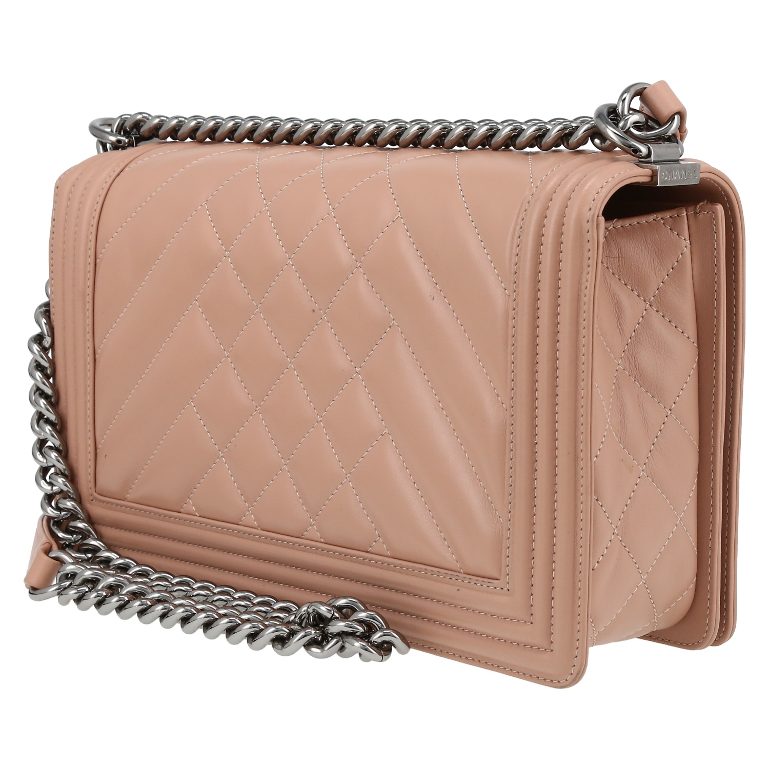 Sac bandoulière Chanel Boy grand modèle en cuir matelassé rose - Detail D5