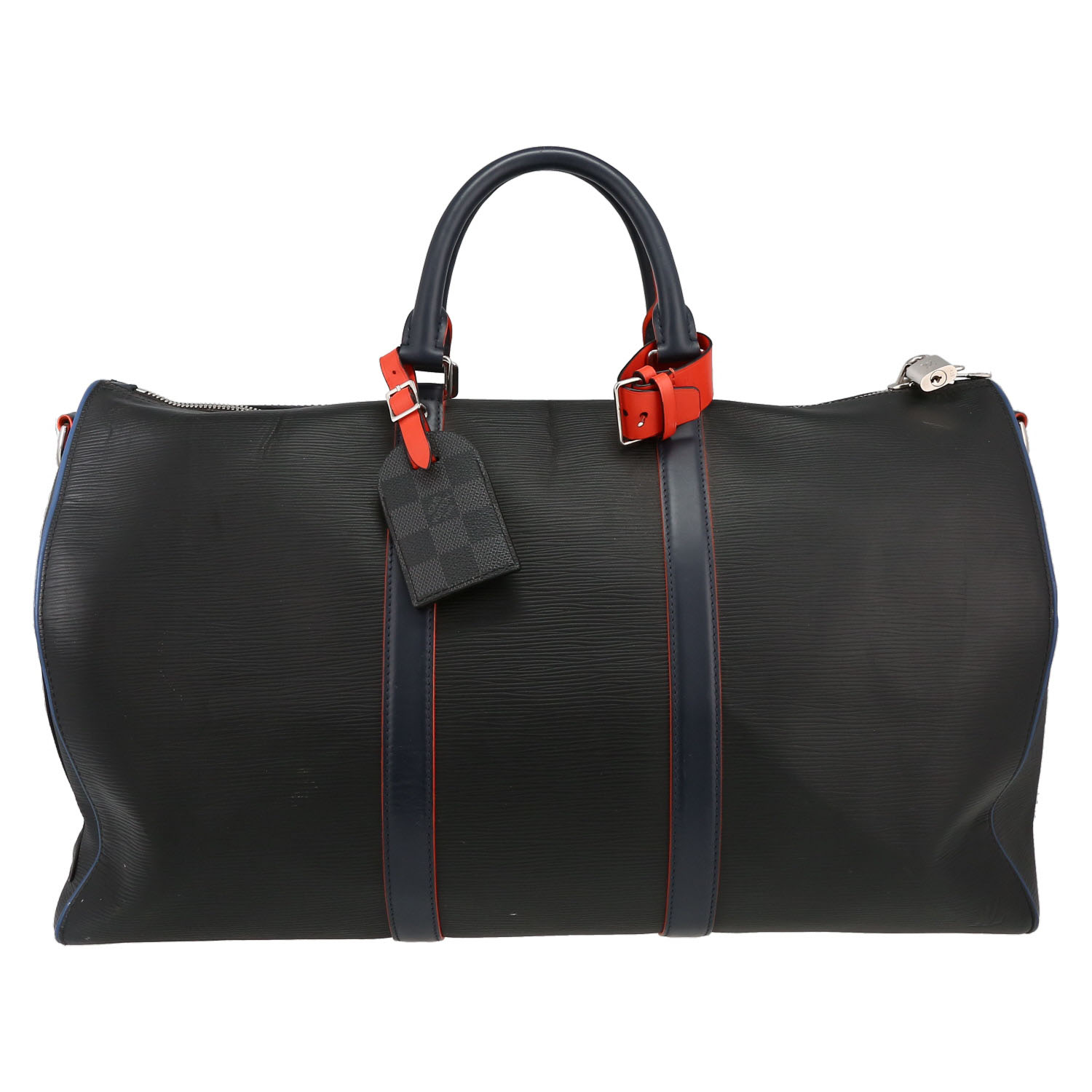 Sac de voyage Louis Vuitton  Keepall 50 en cuir épi noir et cuir bleu-marine - Detail D2
