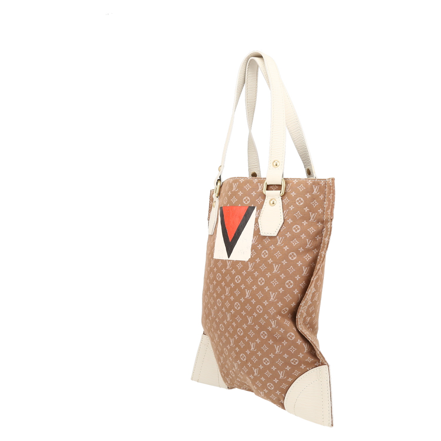 Louis Vuitton   shopping bag  in beige monogram canvas  and white leather - Detail D3