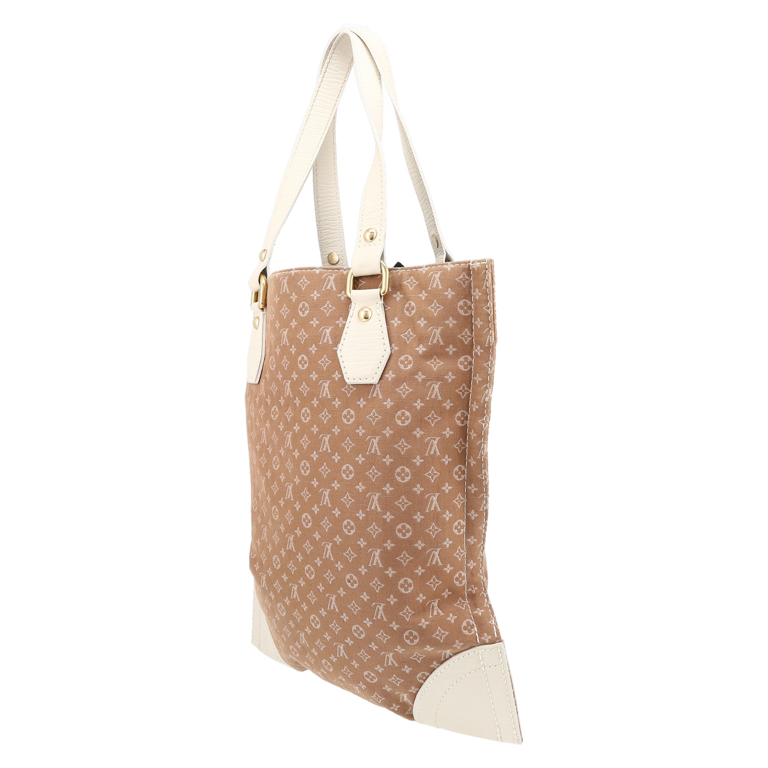 Louis Vuitton   shopping bag  in beige monogram canvas  and white leather - Detail D5