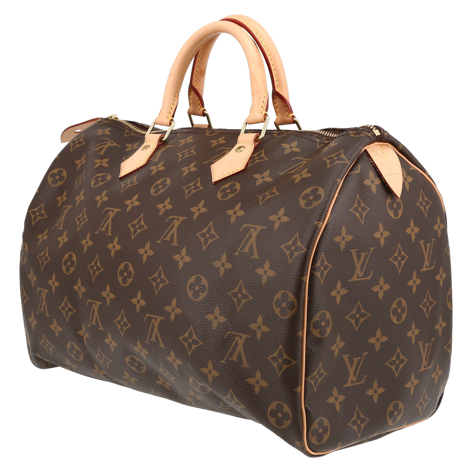 Sac à main Louis Vuitton  Speedy 35 en toile monogram marron et cuir naturel - Detail D3
