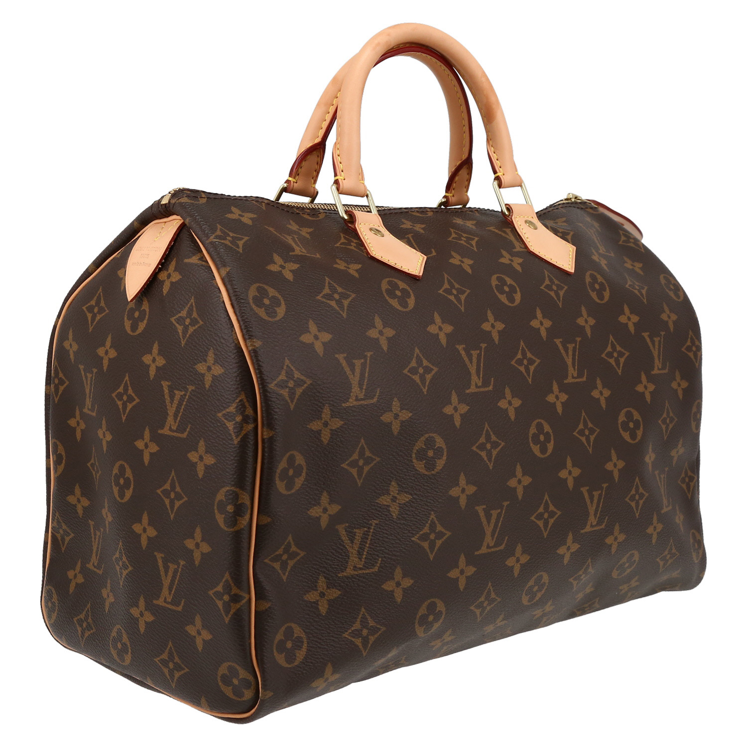Bolso de mano Louis Vuitton  Speedy 35 en lona Monogram marrón y cuero natural - Detail D6