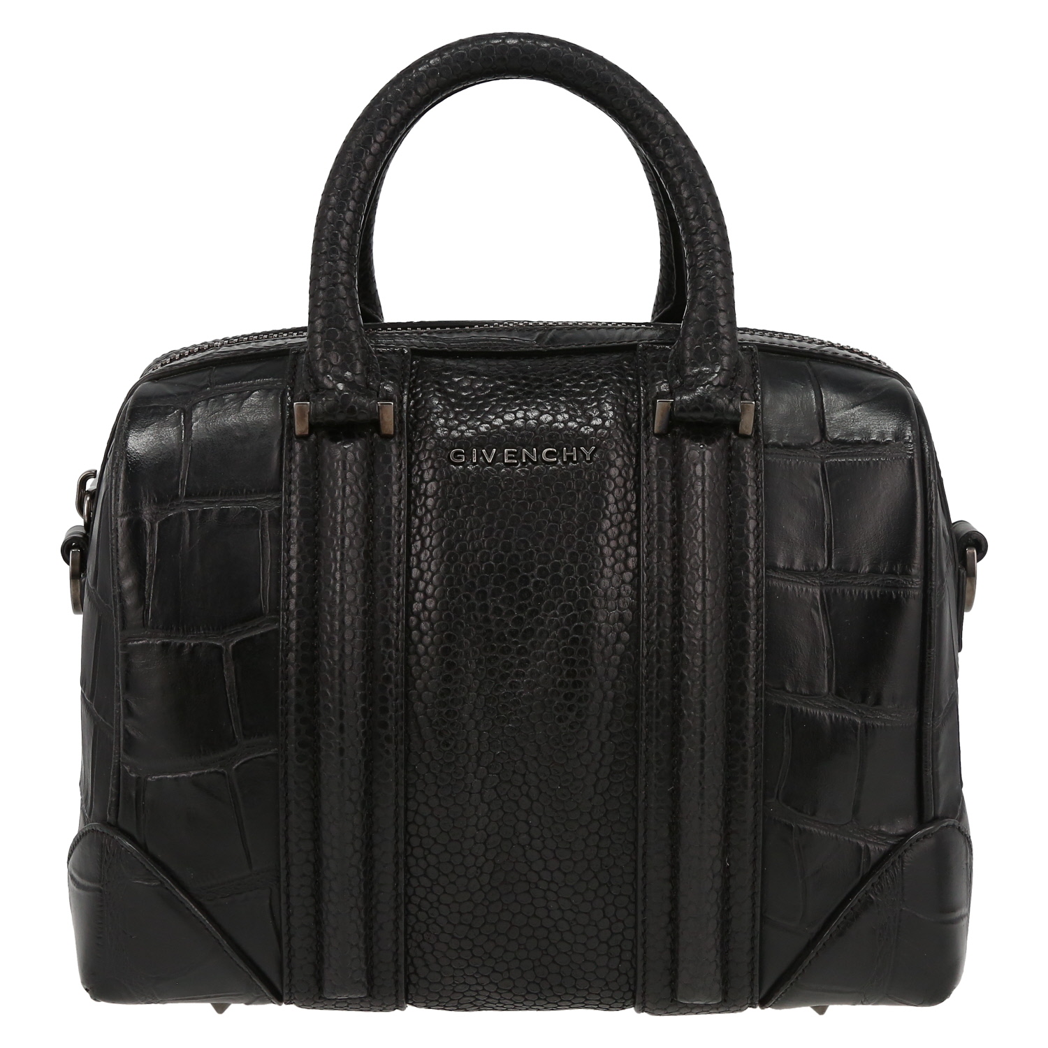Givenchy Lucrezia shoulder bag in black leather and black grained leather - Detail D2