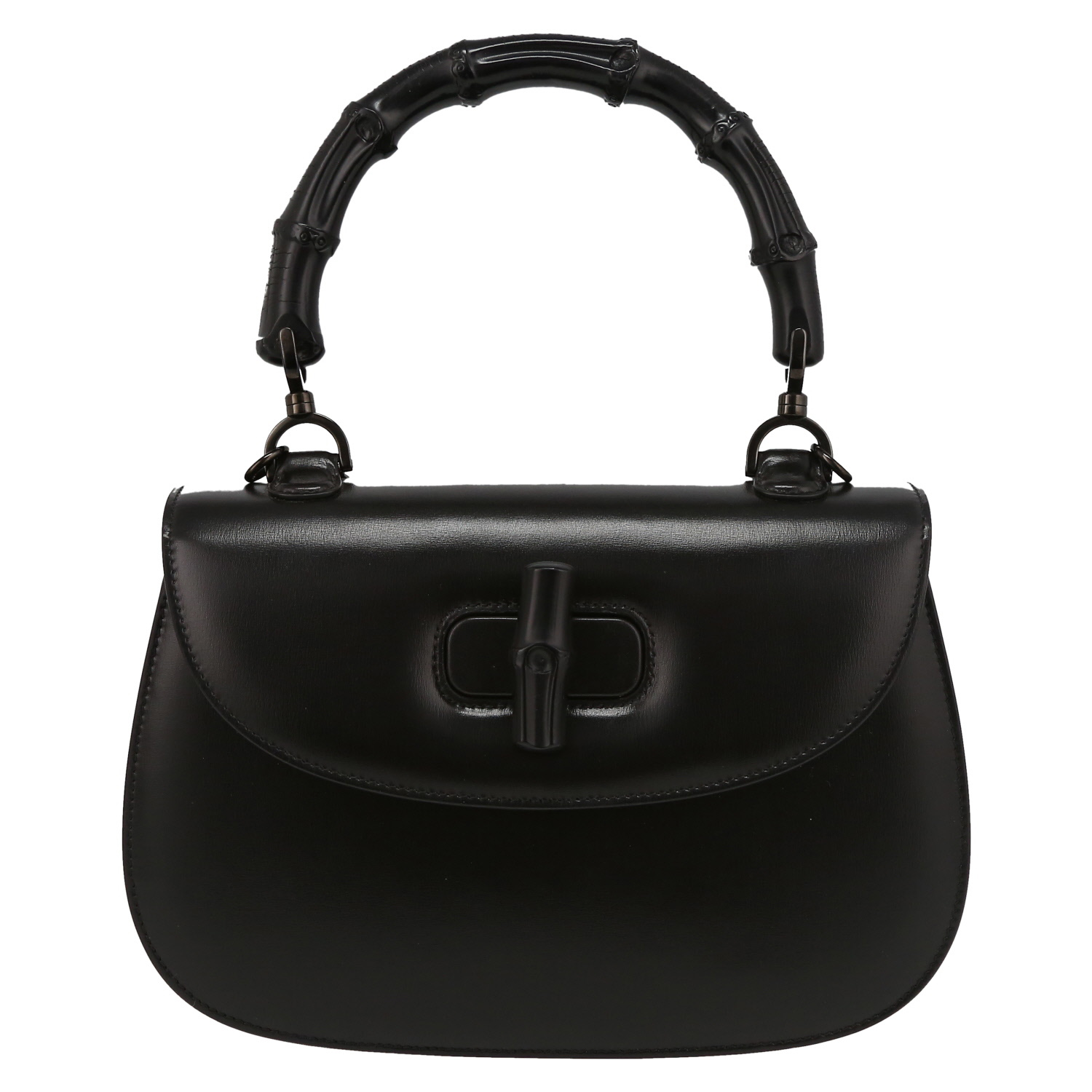 Gucci Bamboo medium model shoulder bag in black leather and black bamboo - Detail D2