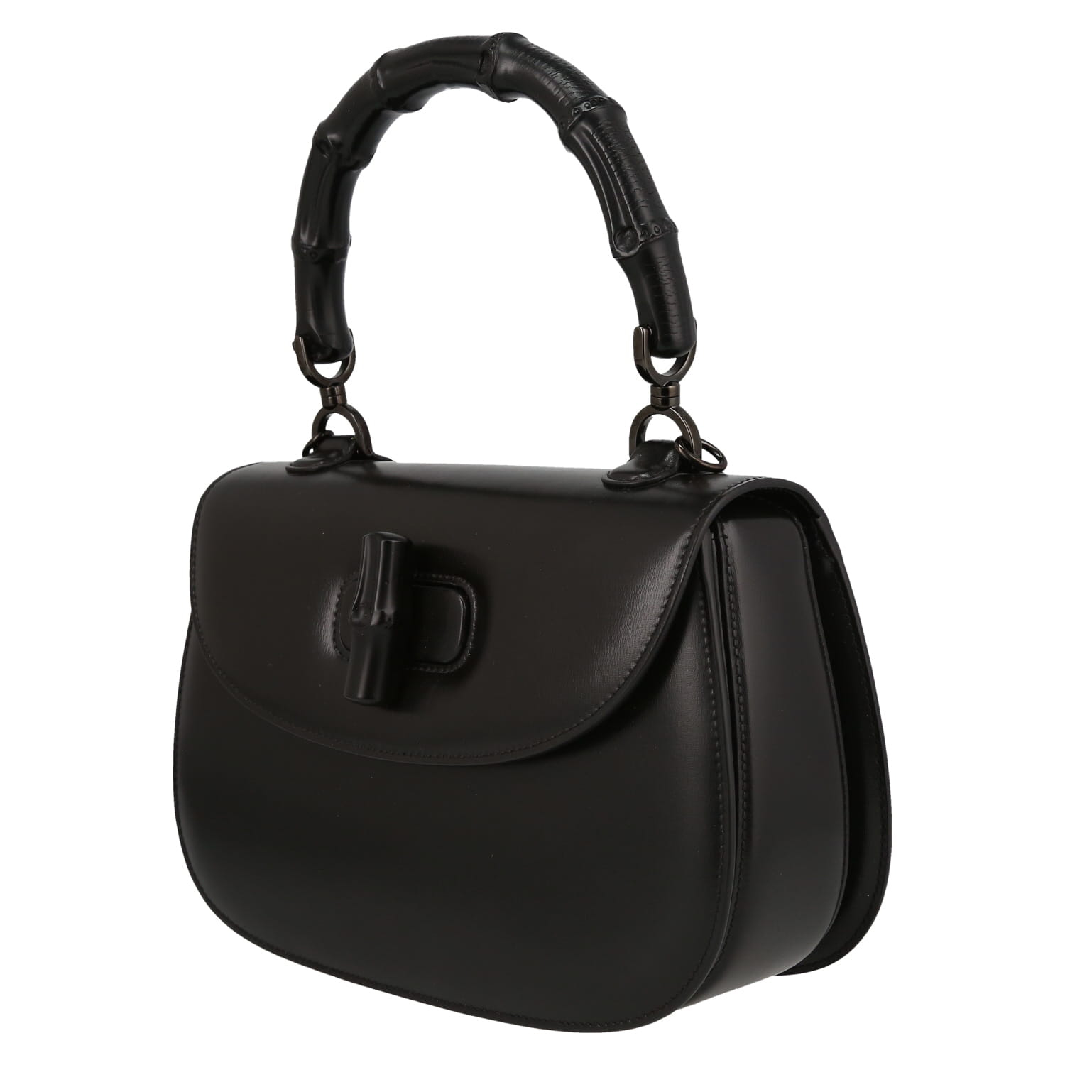 Gucci Bamboo medium model shoulder bag in black leather and black bamboo - Detail D3