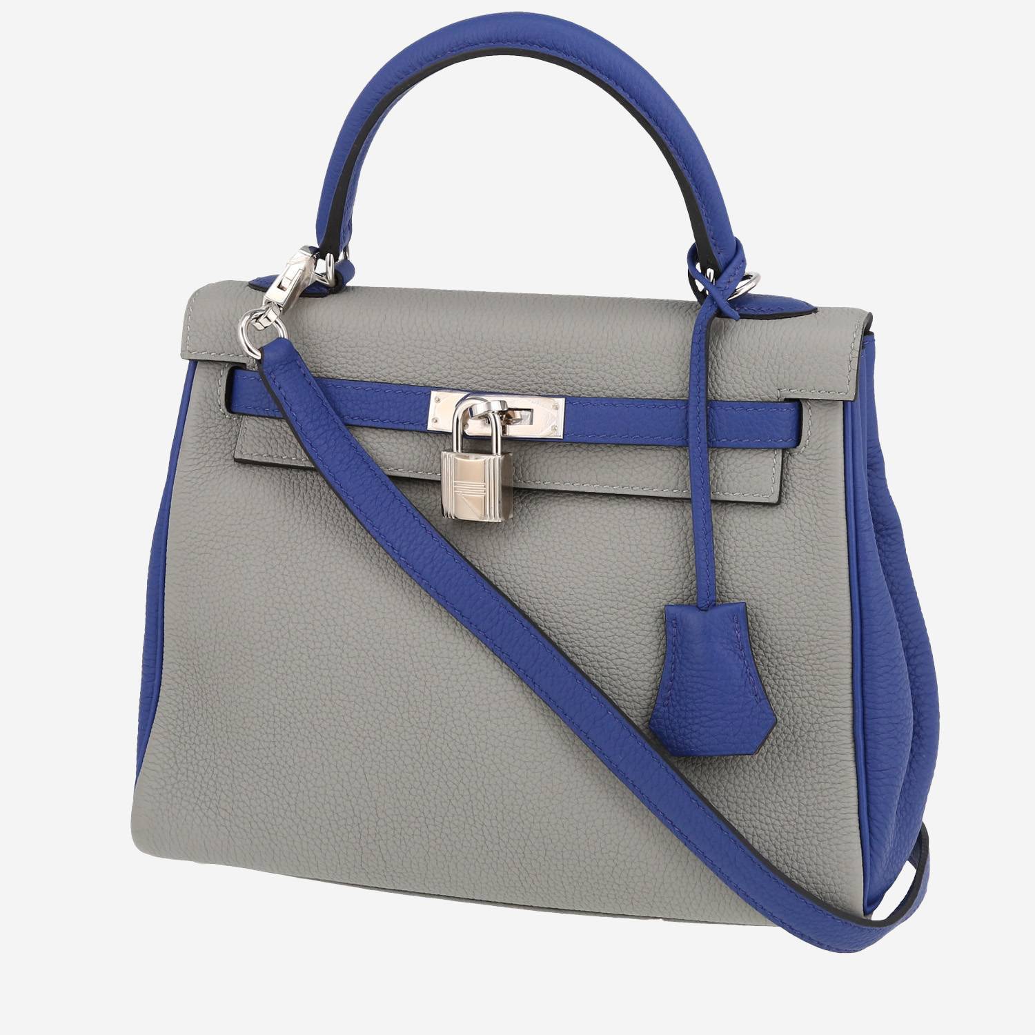 Bolso de mano Hermès  Kelly 25 cm en cuero togo Gris Mouette y azul eléctrico