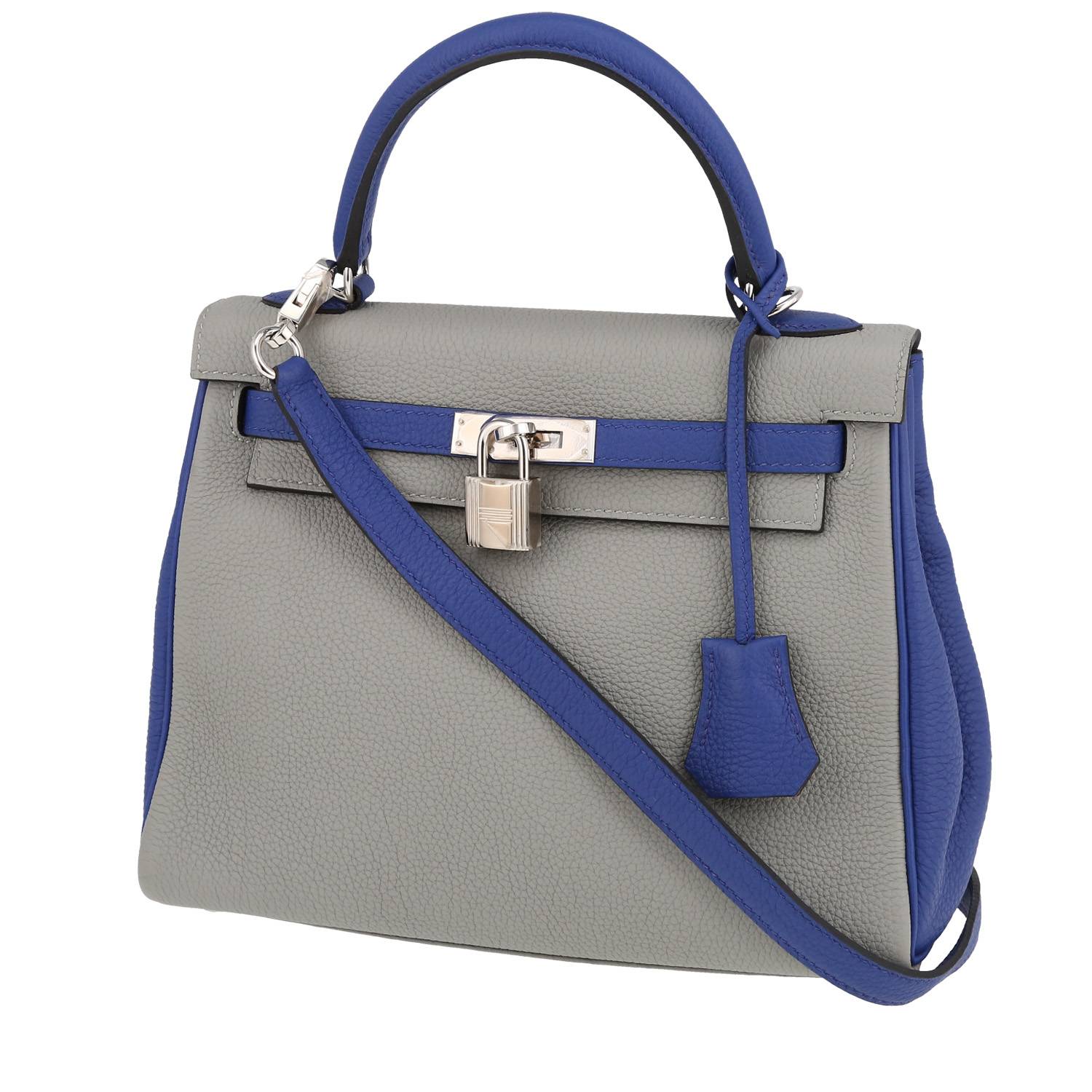 Hermès Kelly 25 cm Handbag in Gris Mouette and Electric Blue Togo