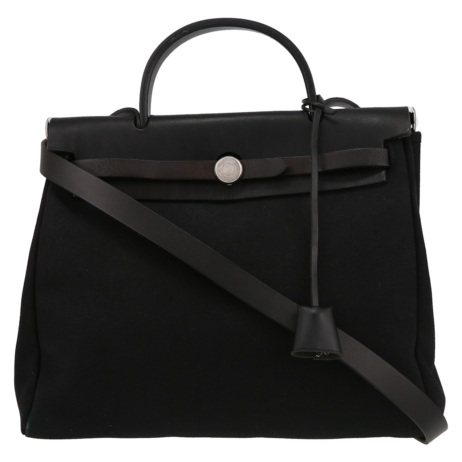 Borsa da spalla o a mano Hermès  Herbag in tela nera e pelle nera - Detail D2
