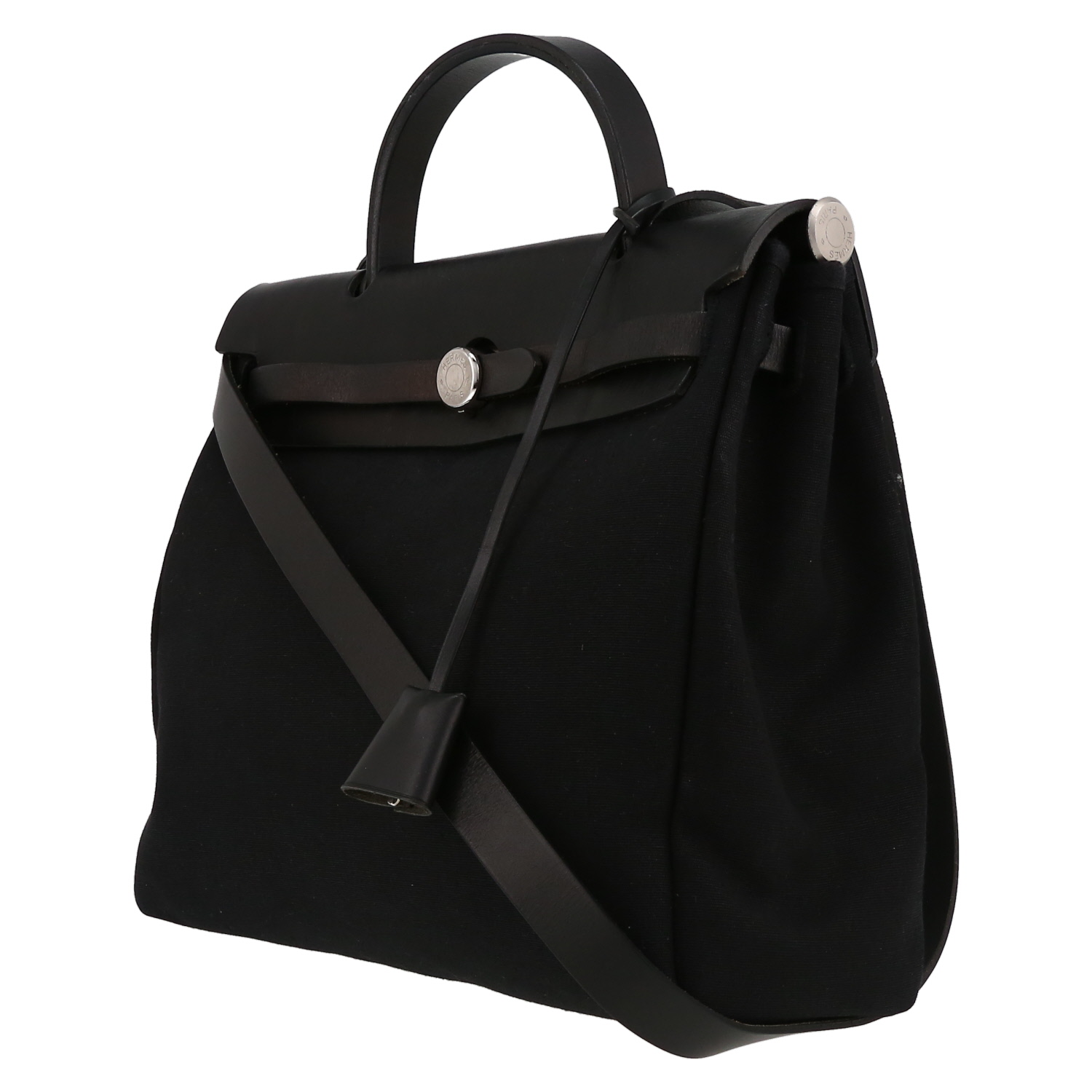 Bolso para llevar al hombro o en la mano Hermès  Herbag en lona negra y cuero negro - Detail D3