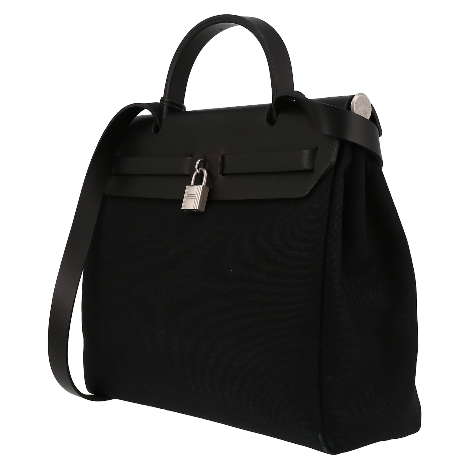 Bolso para llevar al hombro o en la mano Hermès  Herbag en lona negra y cuero negro - Detail D5