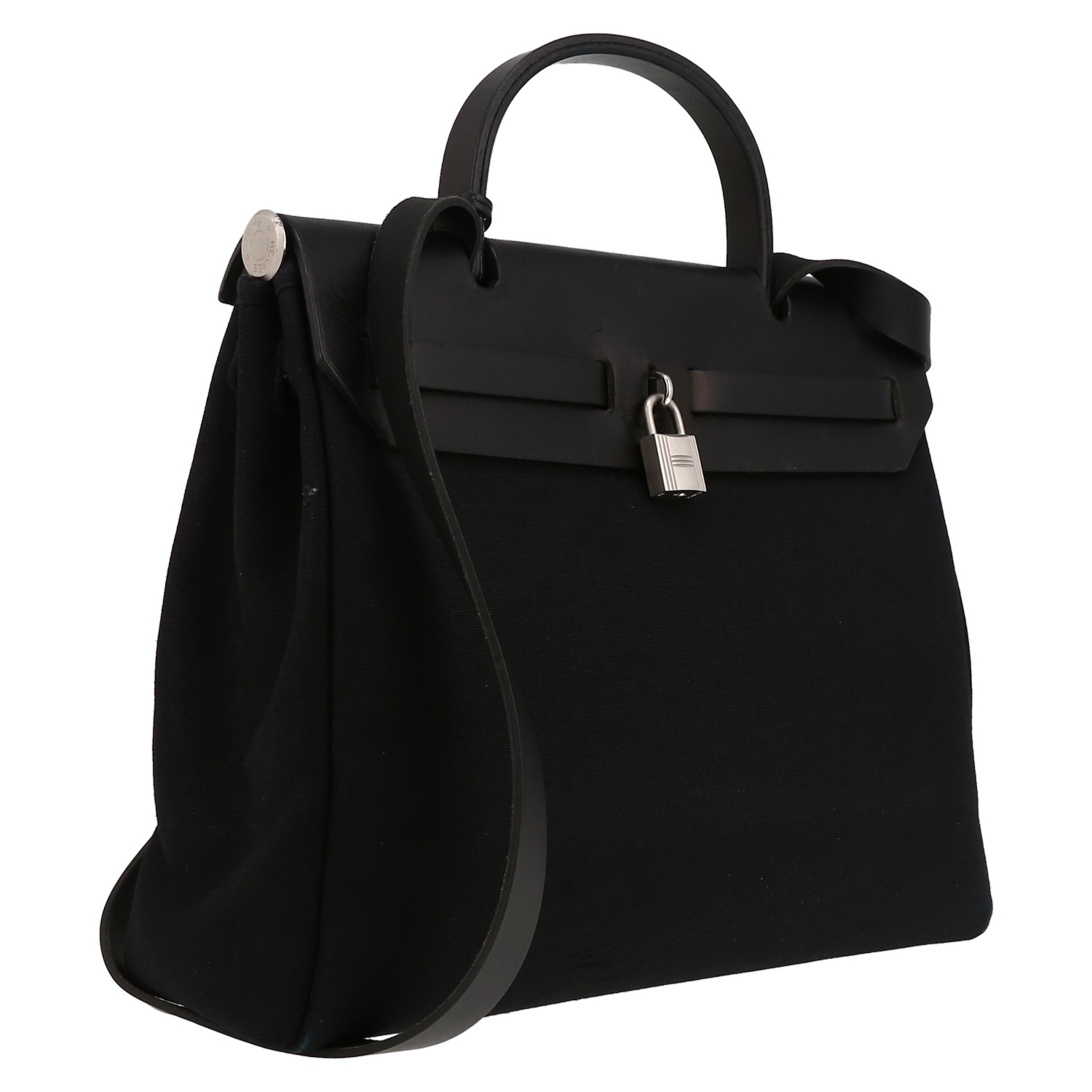 Hermès  Herbag bag worn on the shoulder or carried in the hand  in black canvas  and black leather - Detail D6