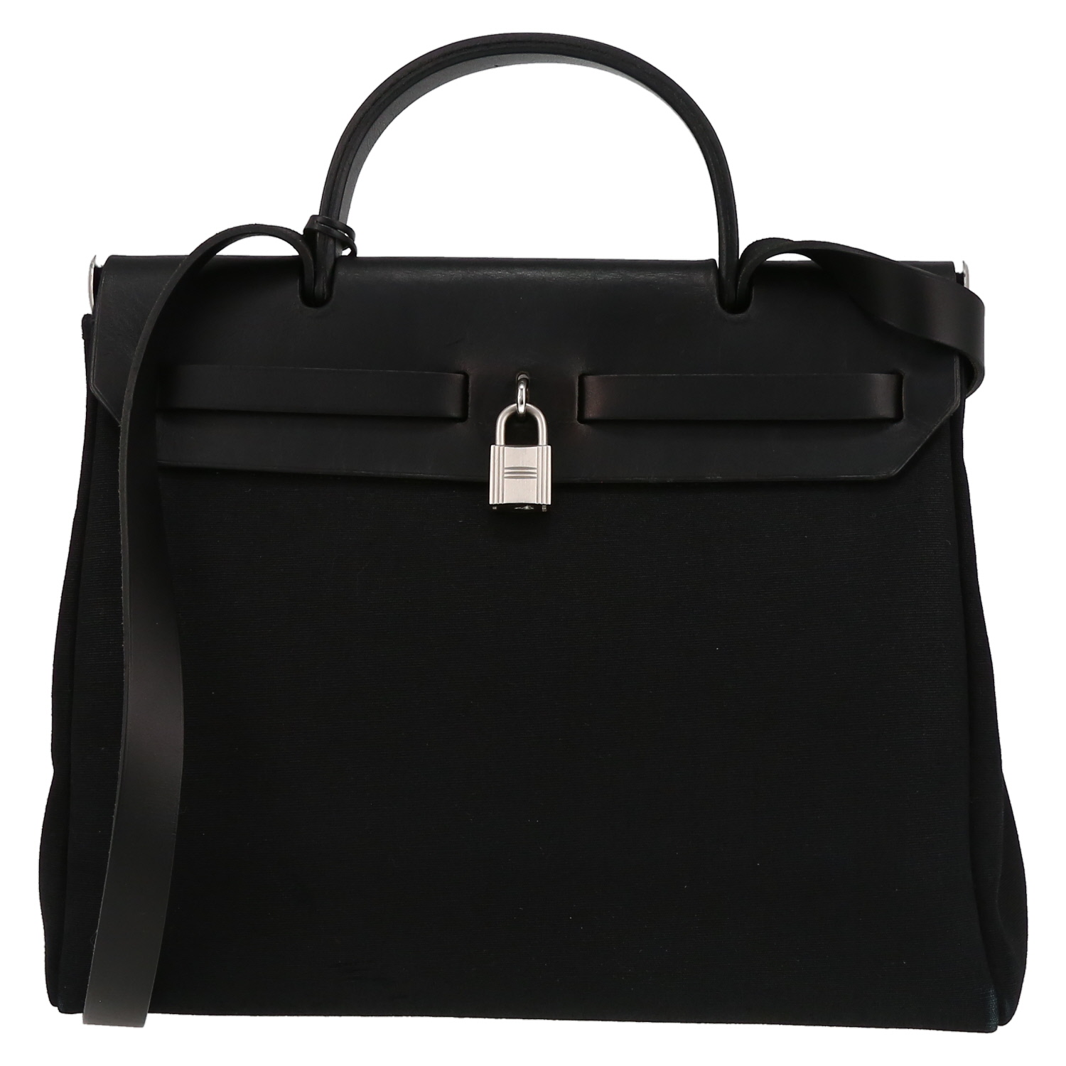 Sac porté épaule ou main Hermès  Herbag en toile noire et cuir noir - Detail D7