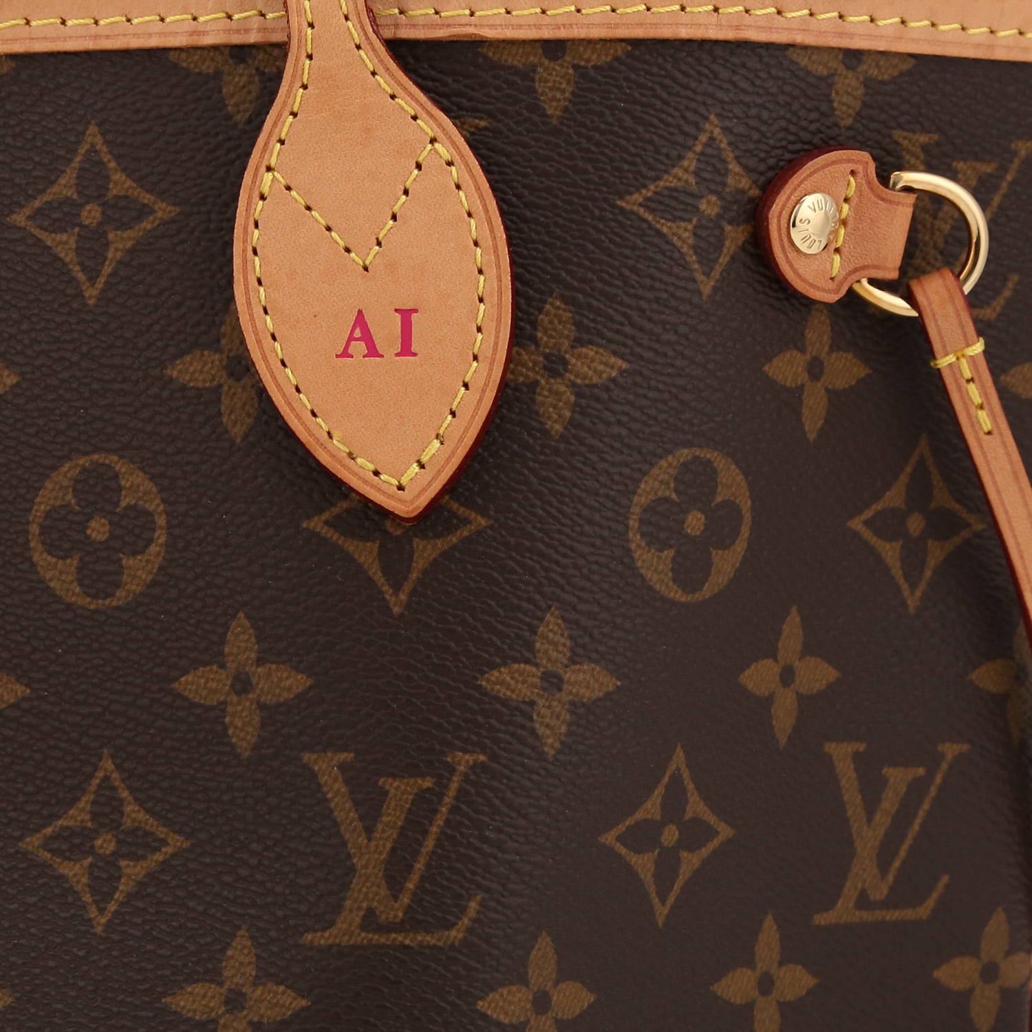 Bolso Cabás Louis Vuitton  Neverfull modelo pequeño  en lona Monogram y cuero natural - Detail D1