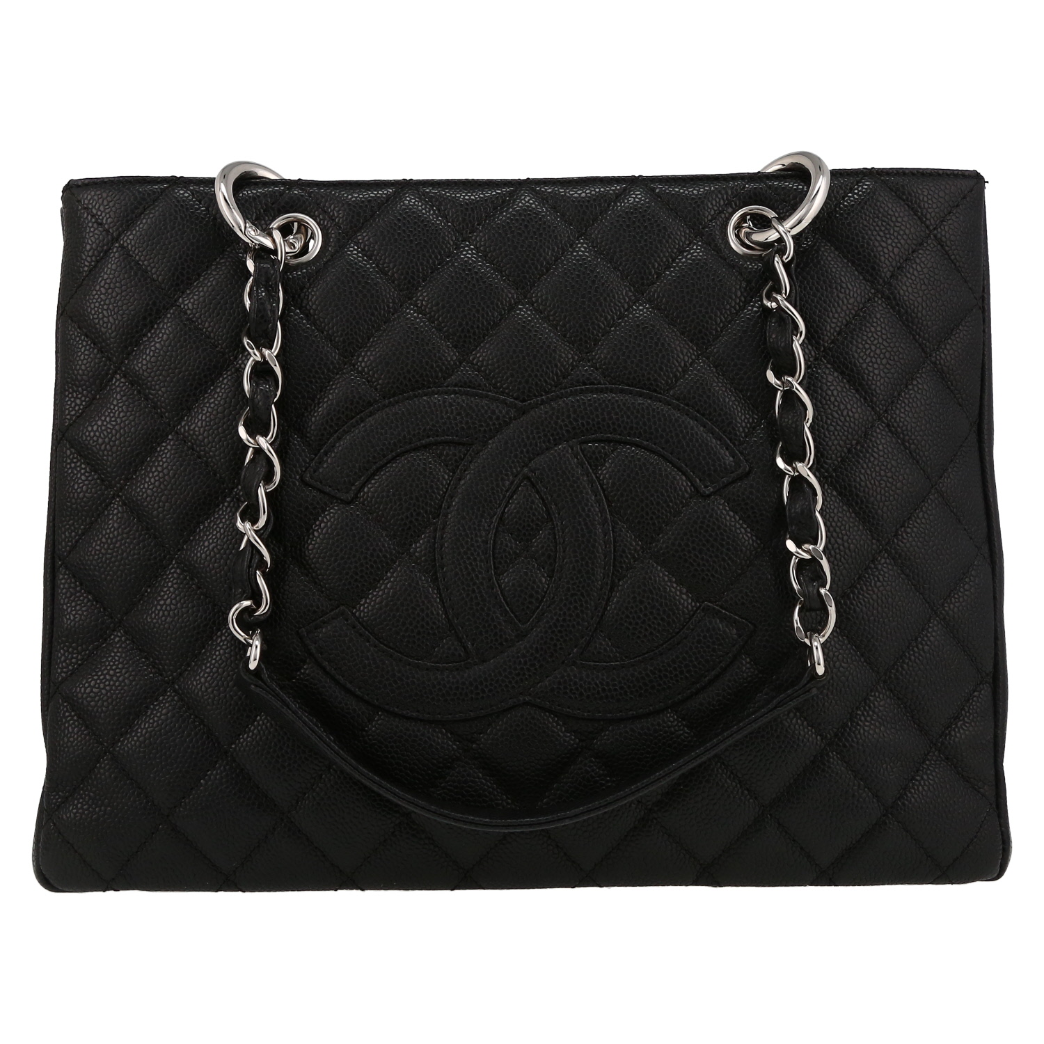 Chanel Shopping GST bag worn on the shoulder or carried in the hand in black quilted grained leather - Detail D2