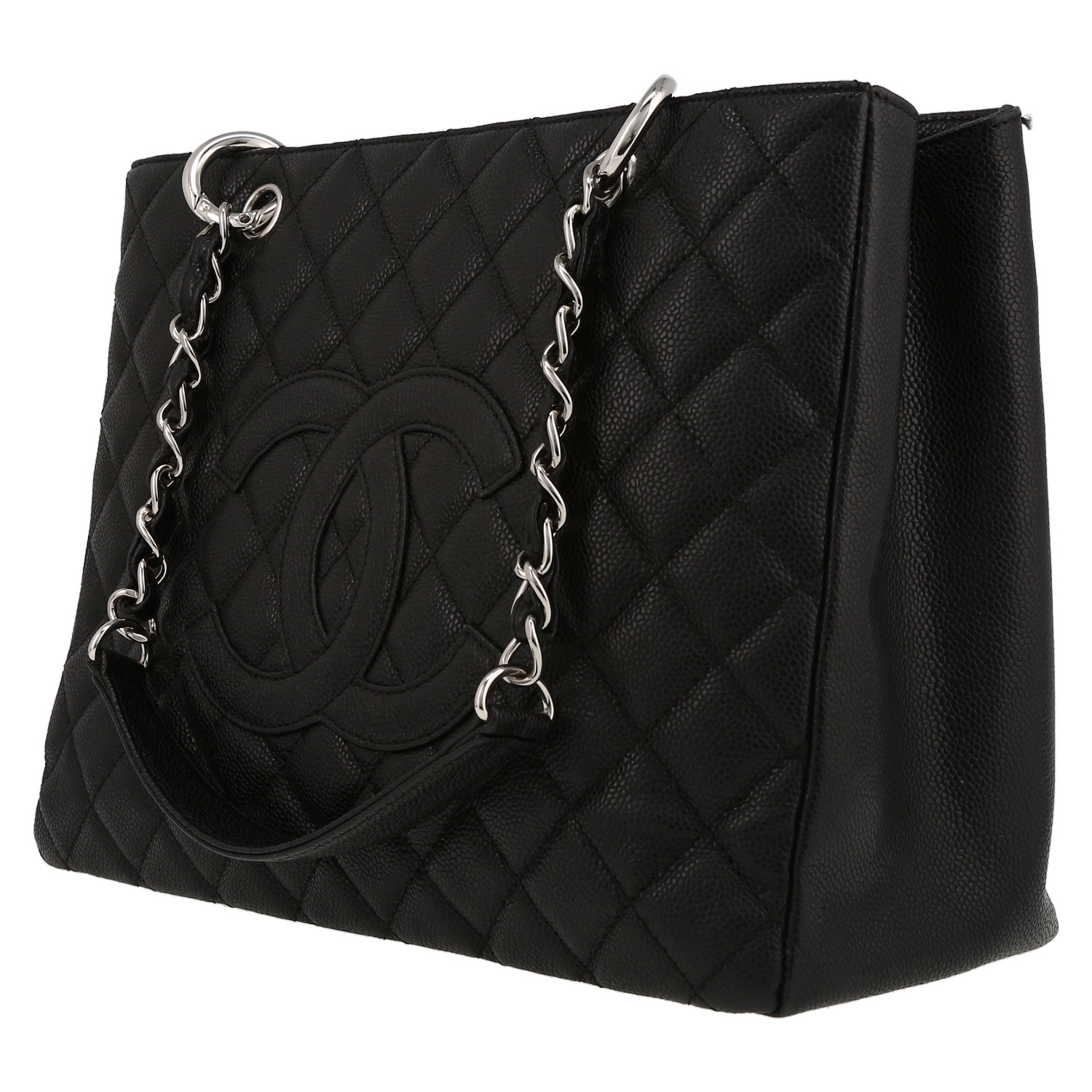 Chanel Shopping GST bag worn on the shoulder or carried in the hand in black quilted grained leather - Detail D3