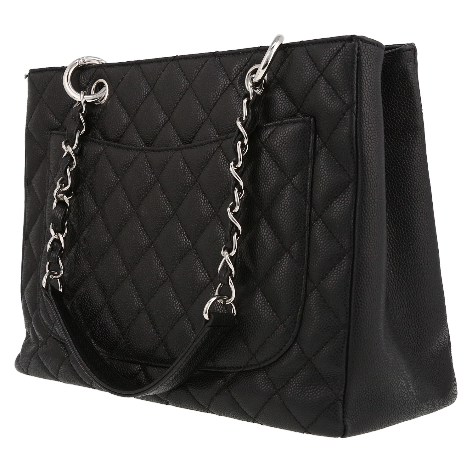 Chanel Shopping GST bag worn on the shoulder or carried in the hand in black quilted grained leather - Detail D5