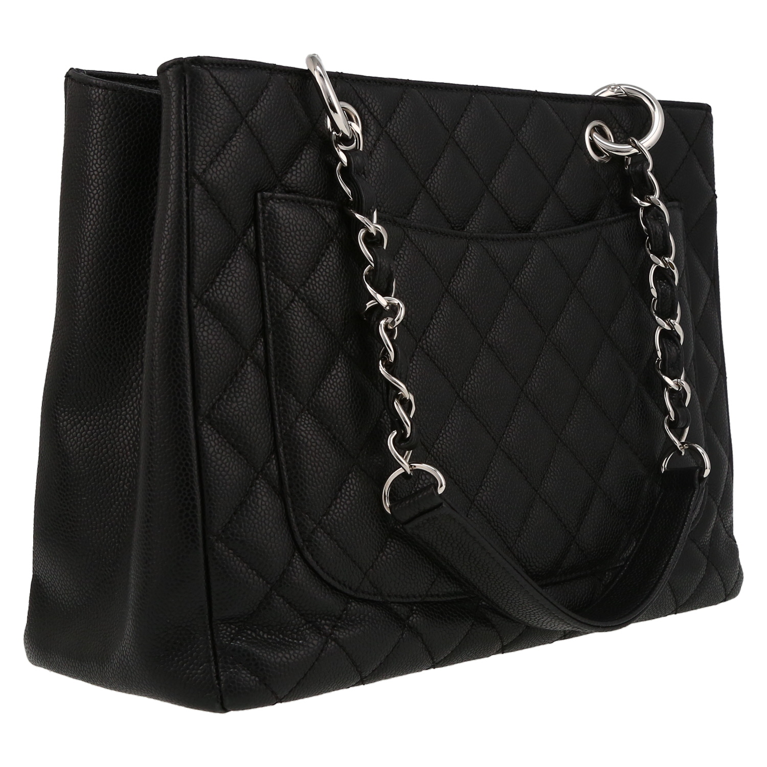 Chanel Shopping GST bag worn on the shoulder or carried in the hand in black quilted grained leather - Detail D6