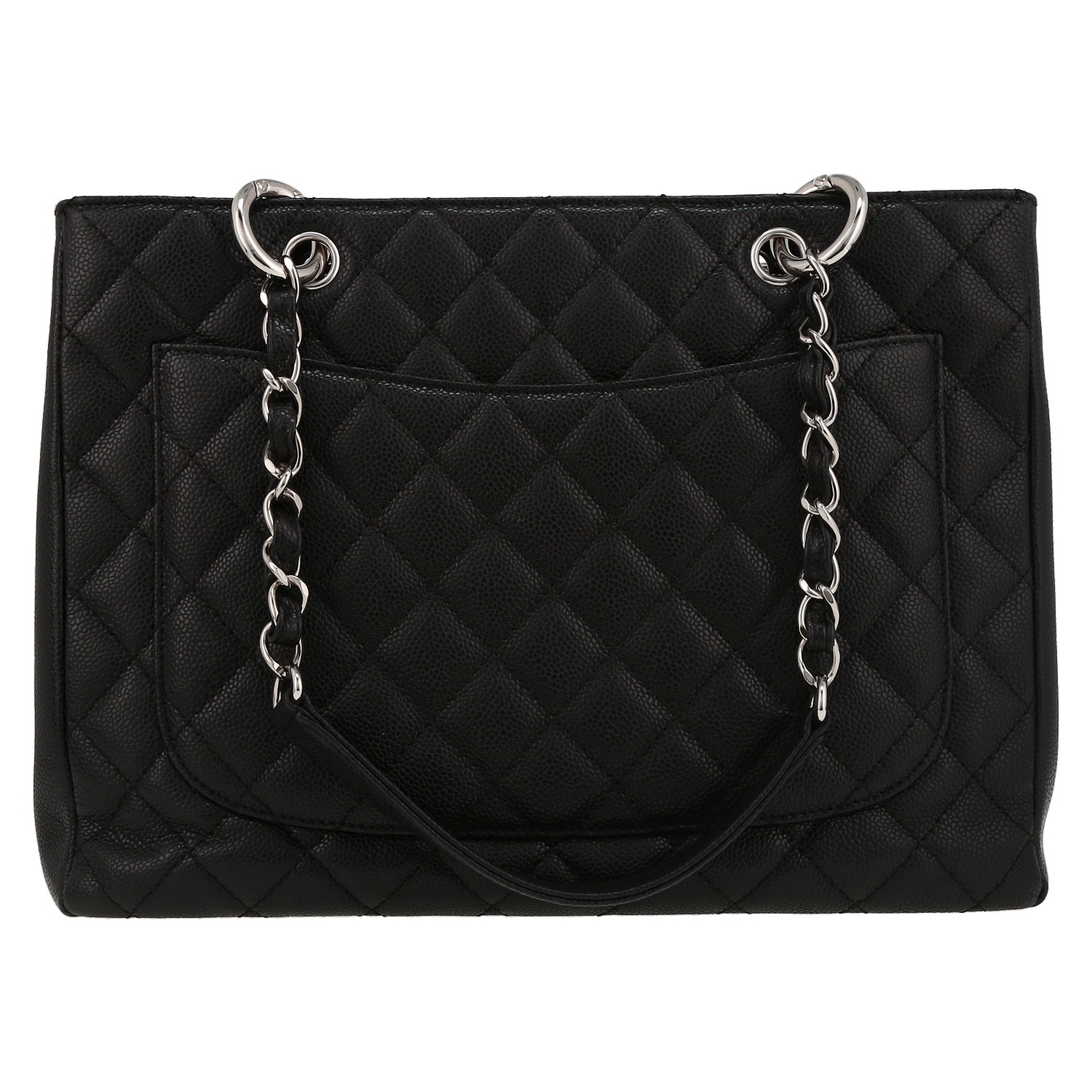 Chanel Shopping GST bag worn on the shoulder or carried in the hand in black quilted grained leather - Detail D7