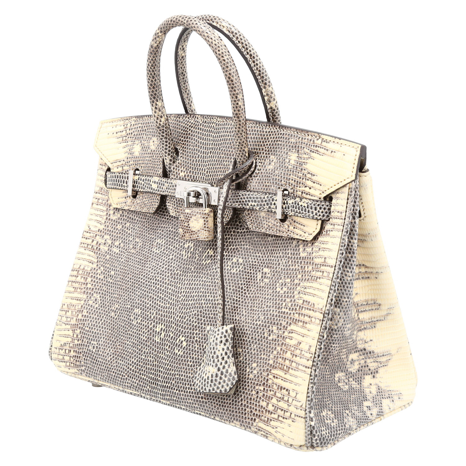Bolso de mano Hermès  Birkin 25 cm en piel de lagarto gris y beige - Detail D3