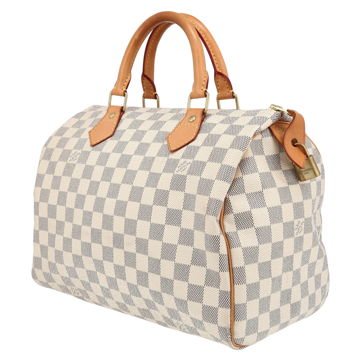 Louis Vuitton  Speedy 30 handbag  in azur damier canvas  and natural leather - Detail D3